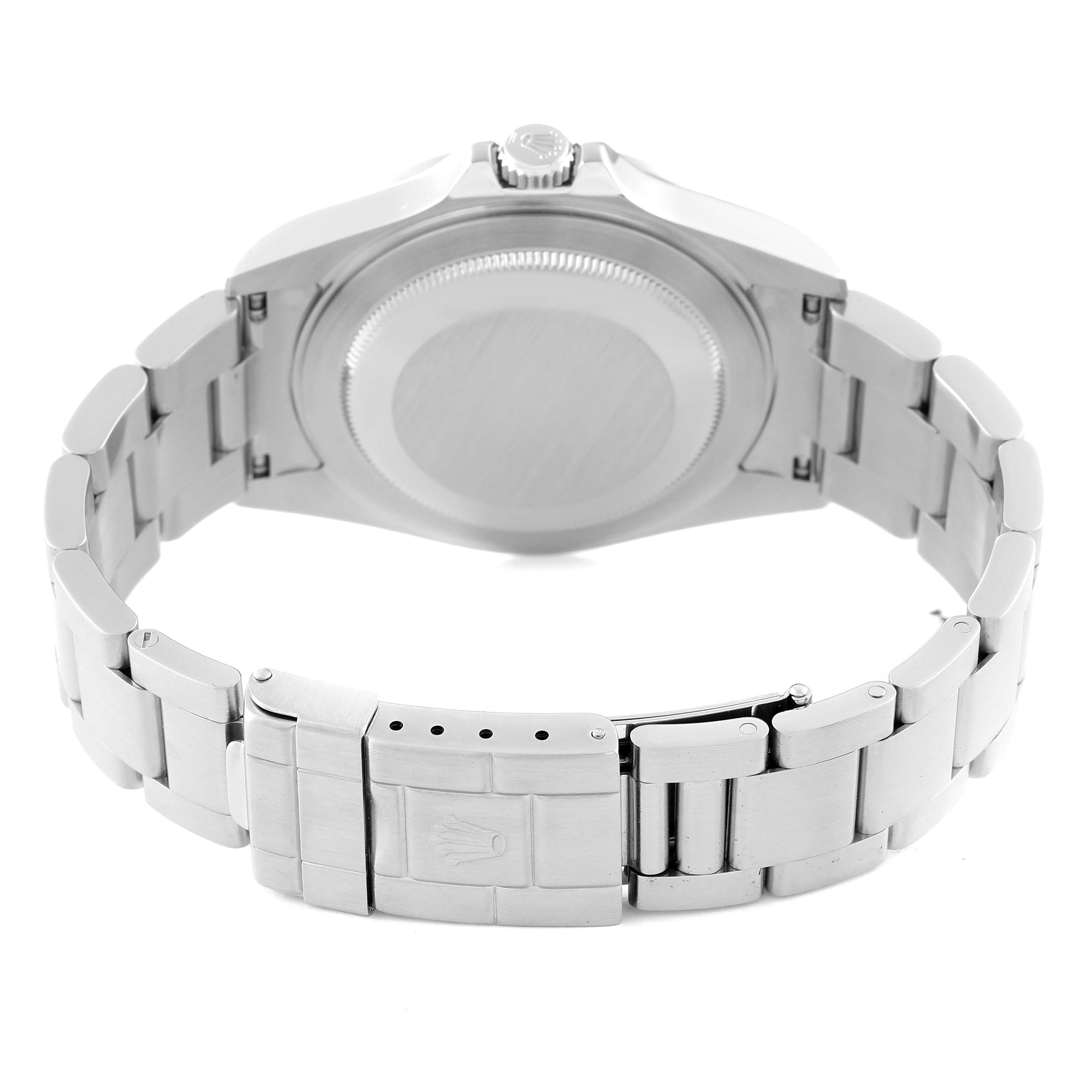 This image shows the back case and stainless steel bracelet of the Rolex Explorer 16570 Men's Stainless Steel White Dial 16570 Men's Stainless Steel White Dial watch.