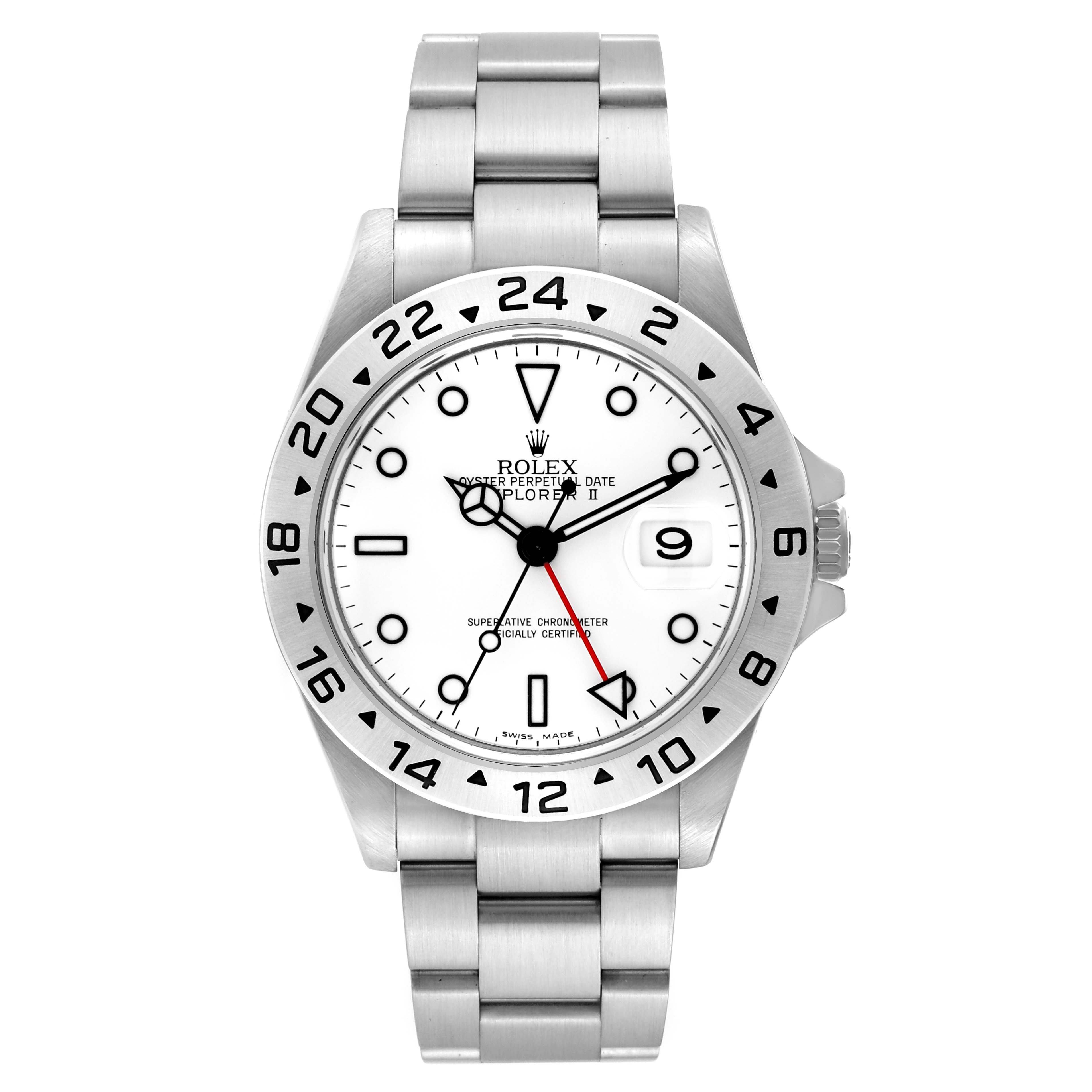 This image shows a front view of a Rolex Explorer 16570 Men's Stainless Steel White Dial 16570 Men's Stainless Steel White Dial watch, showcasing the dial, bezel, and bracelet.
