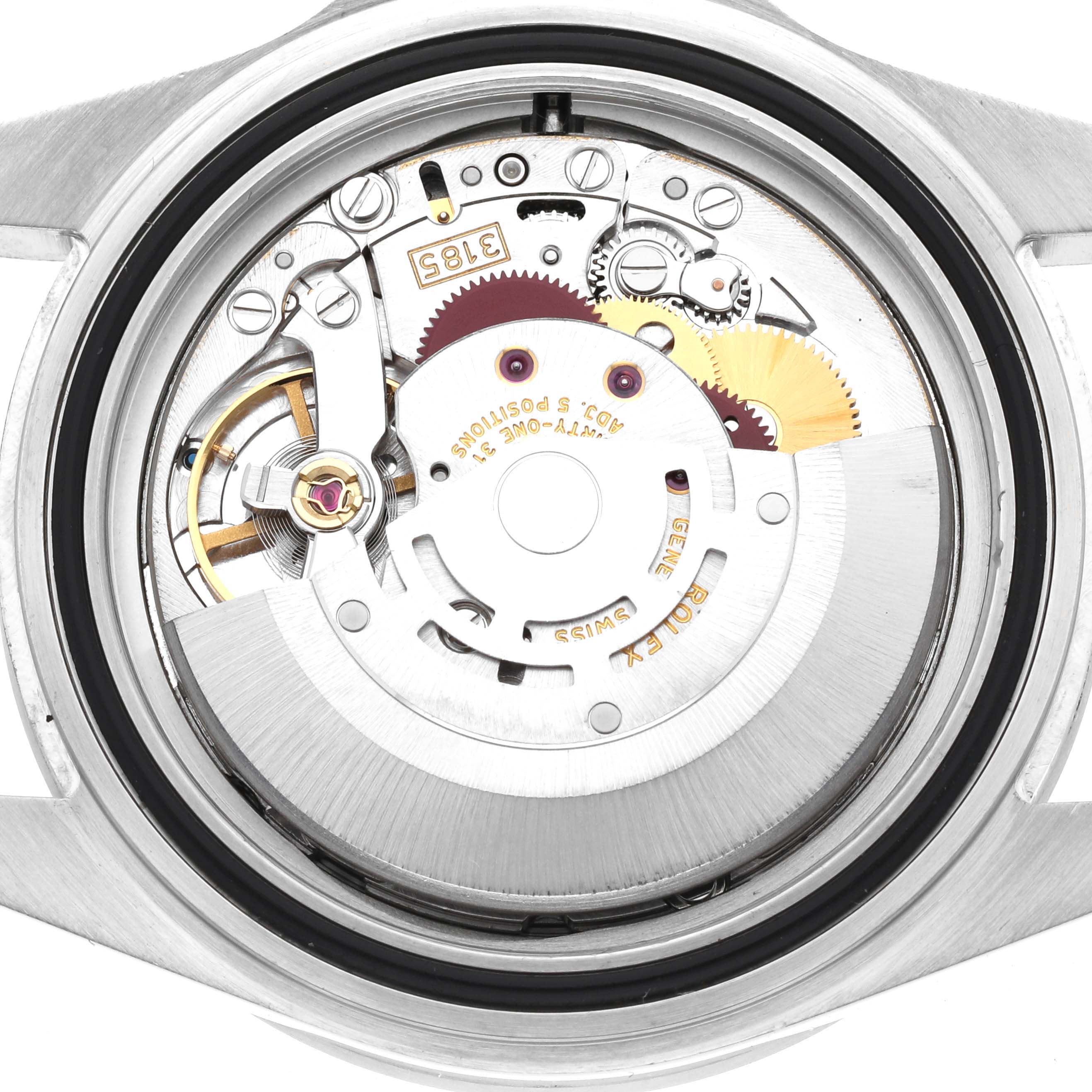 The image shows the internal movement components of a Rolex Explorer 16570 Men's Stainless Steel White Dial 16570 Men's Stainless Steel White Dial watch from a top-down angle with the case back removed.