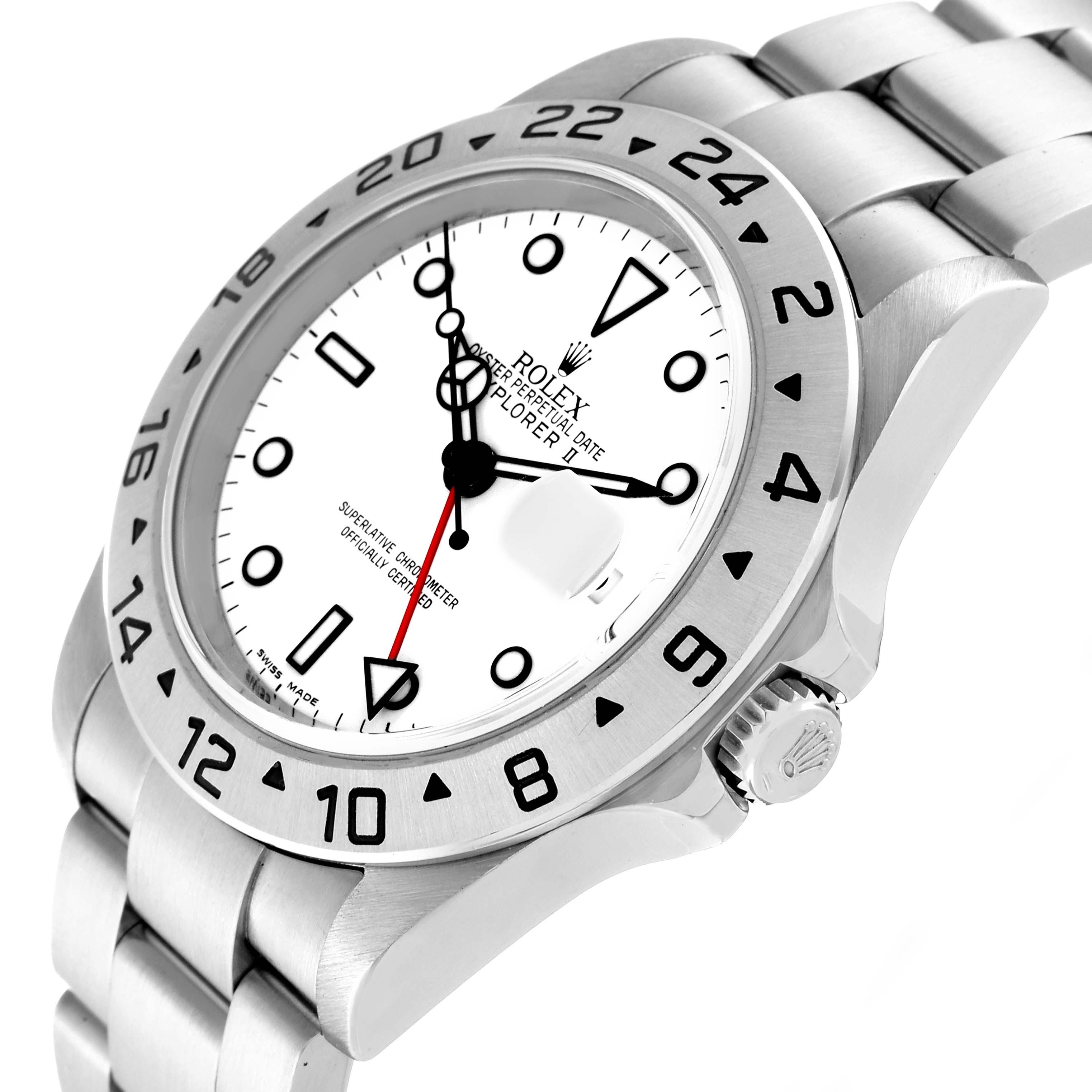 The Rolex Explorer 16570 Men's Stainless Steel White Dial 16570 Men's Stainless Steel White Dial watch is shown from an oblique angle, highlighting its face, bezel, crown, and bracelet.