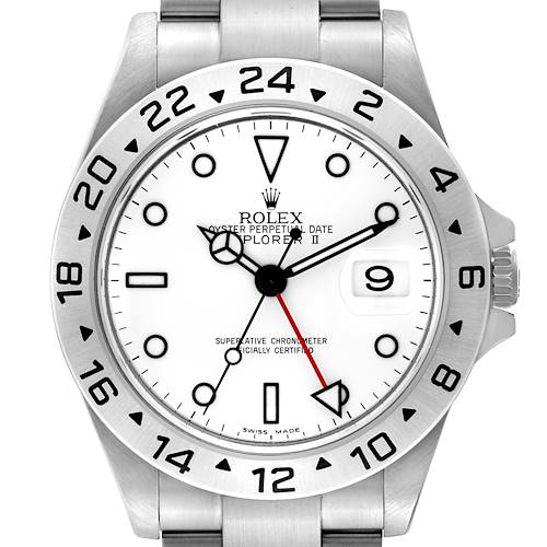 The image shows a front view of a Rolex Explorer II watch, highlighting its dial, bezel, and part of the bracelet.