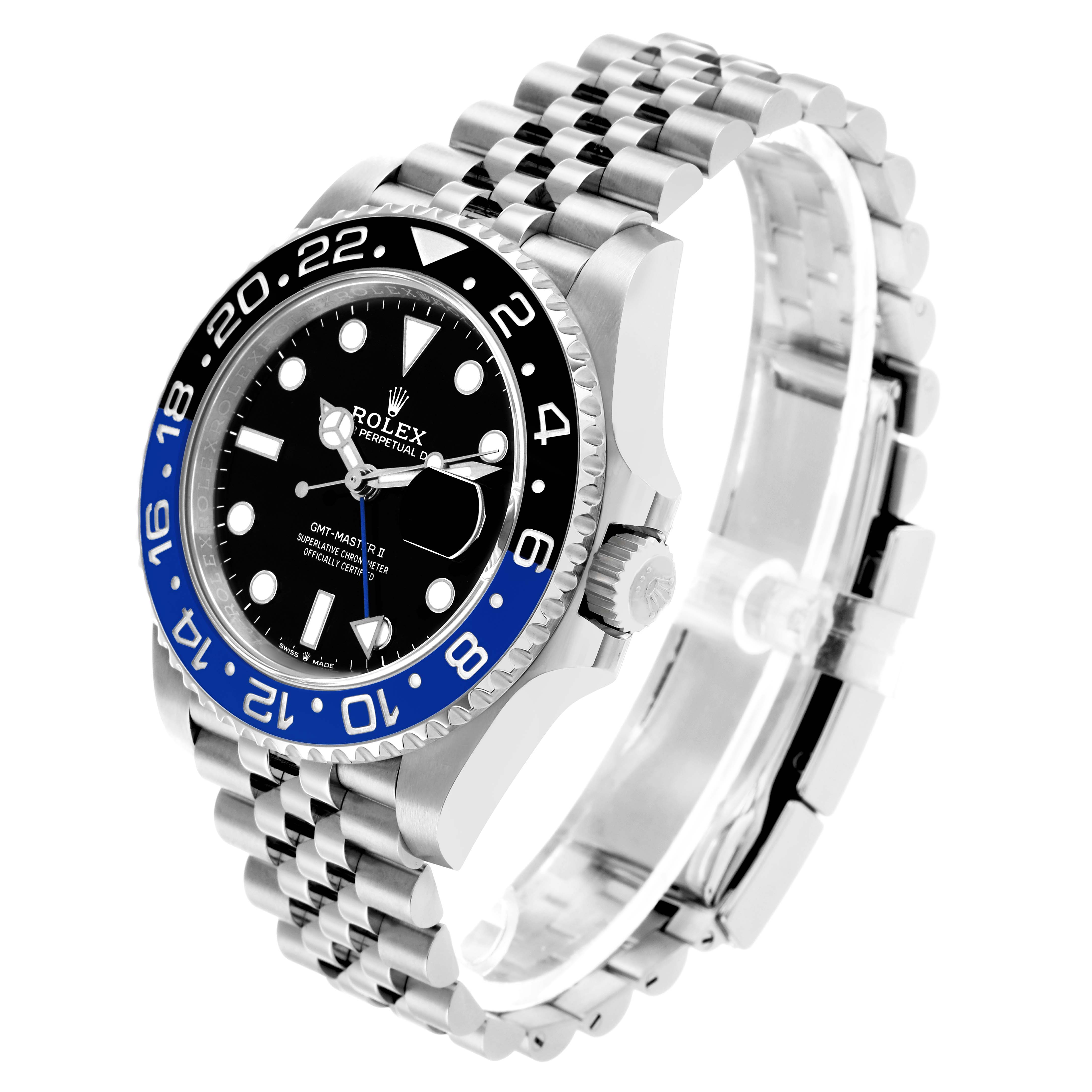 The Rolex GMT-Master 126710 Men's Stainless Steel Black Dial watch is shown at an angle highlighting the face, bezel, crown, and bracelet.
