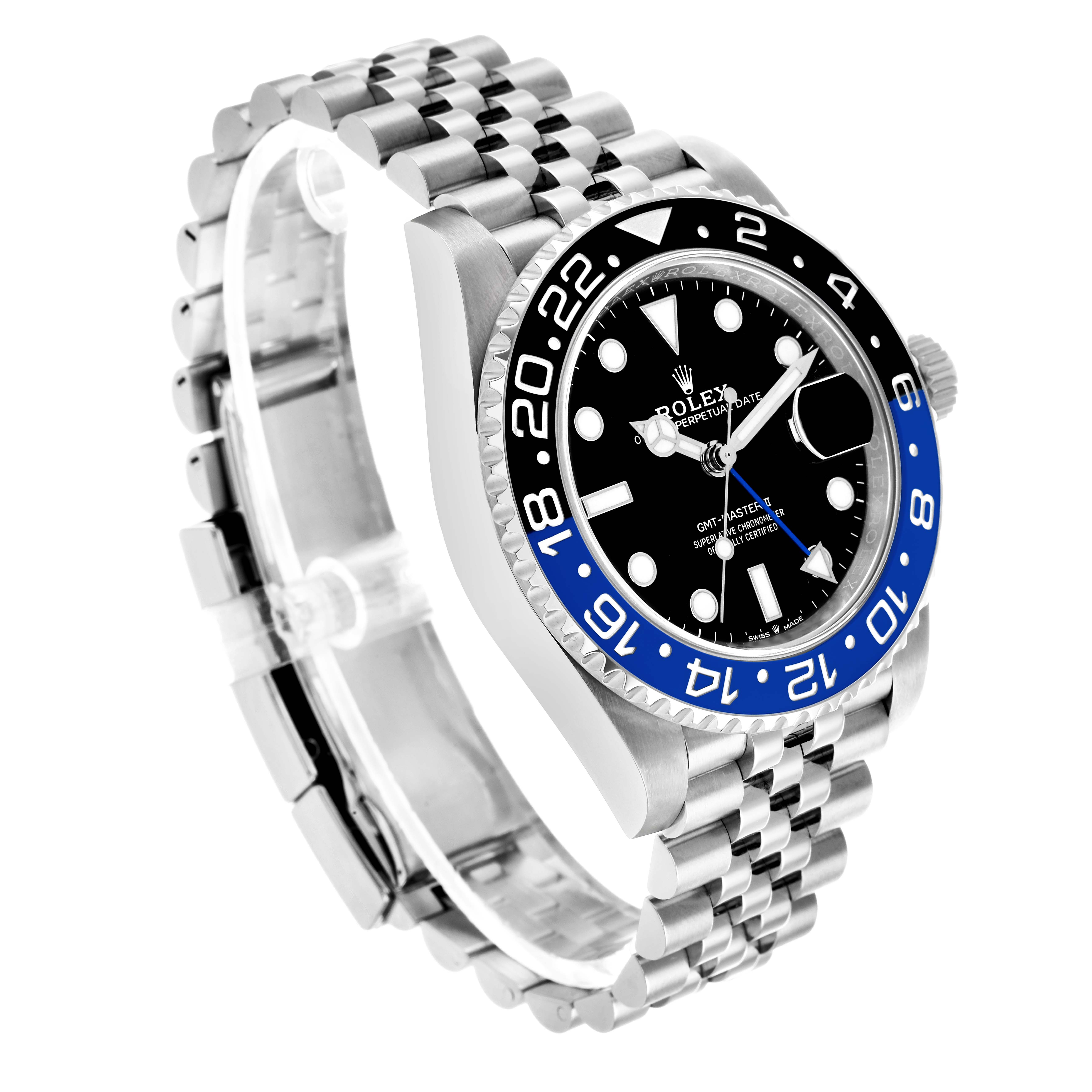 The Rolex GMT-Master 126710 Men's Stainless Steel Black Dial is shown at an angled side view, featuring its bezel, dial, crown, and bracelet.