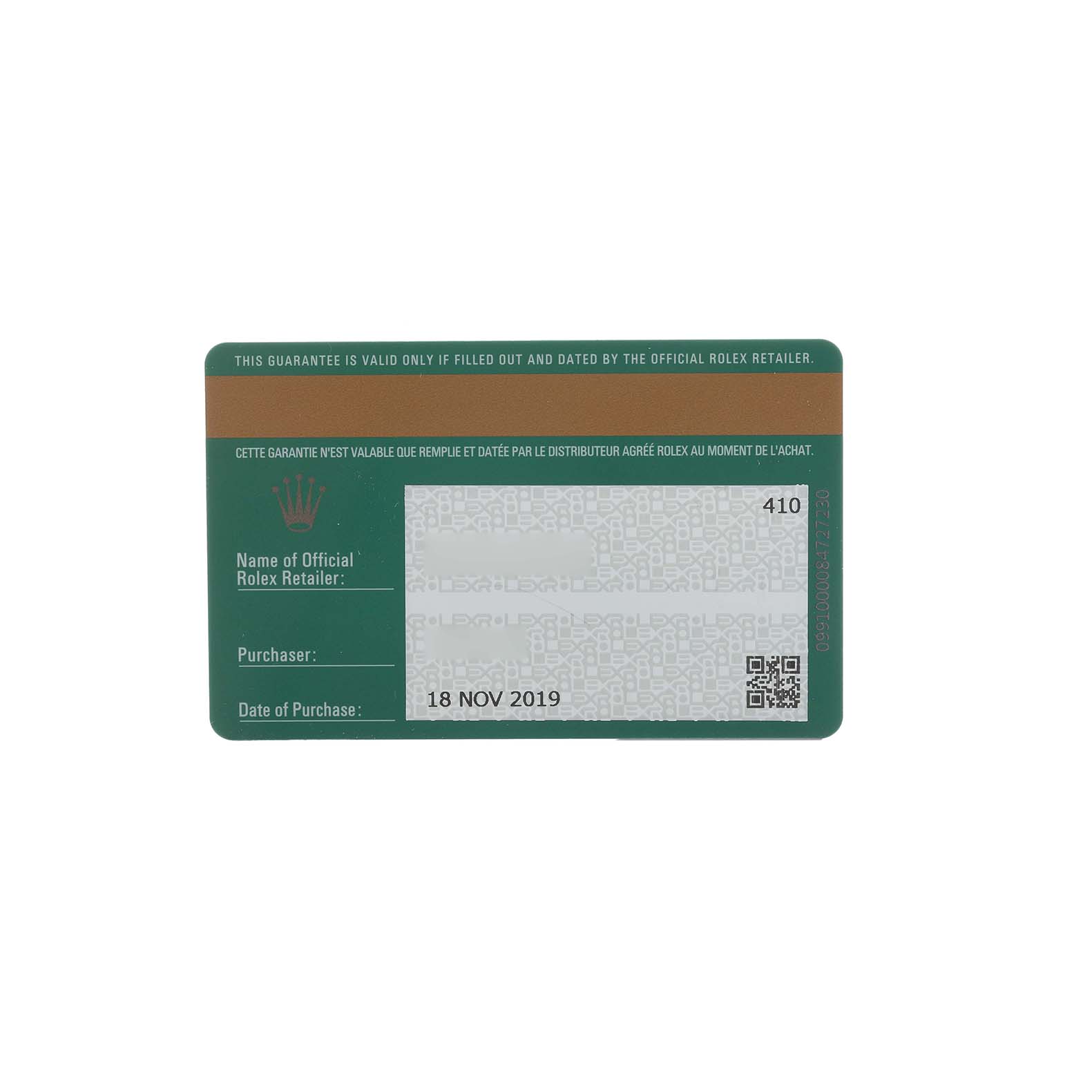 The image shows a guarantee card for the Rolex GMT-Master 126710 Men's Stainless Steel Black Dial.