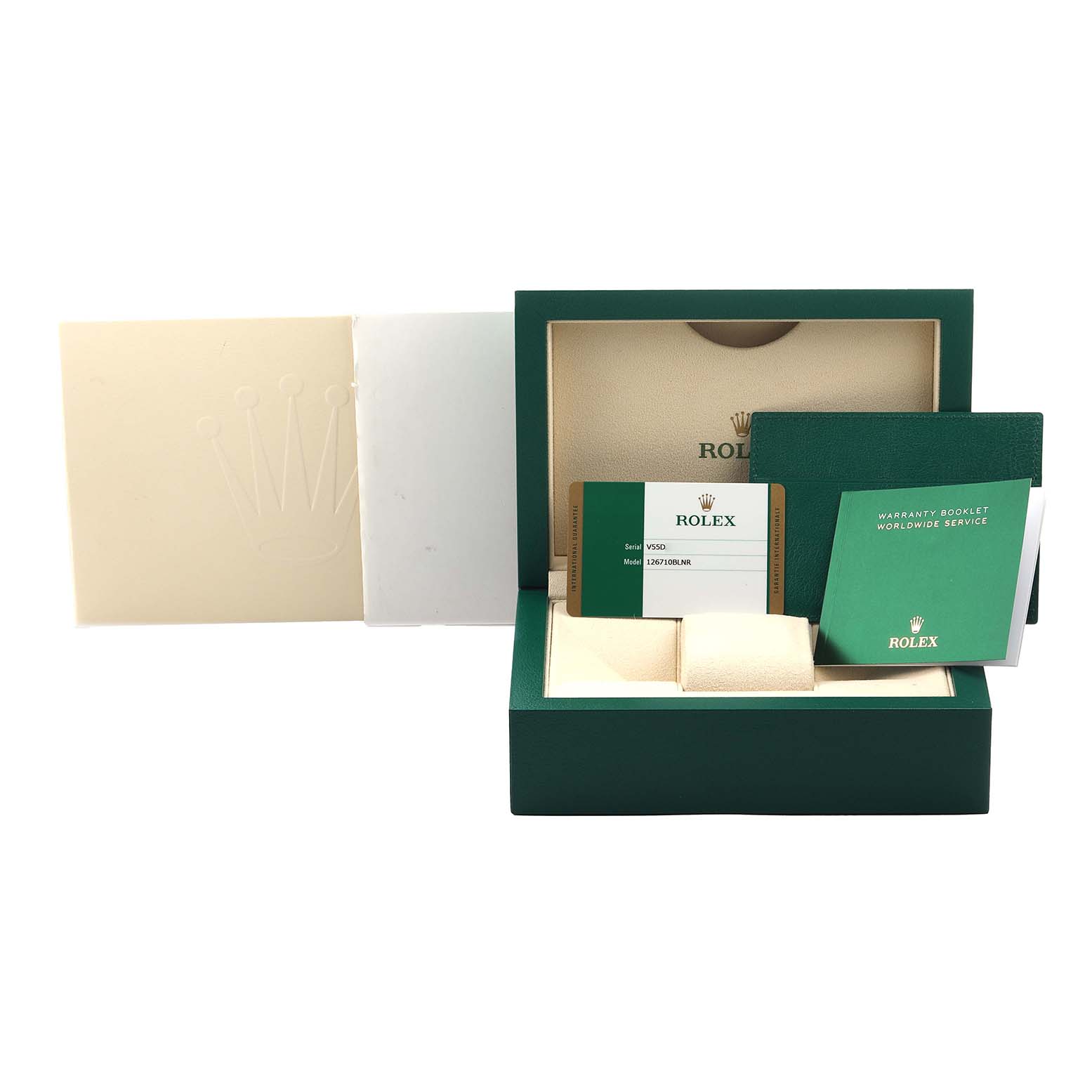 The image shows the packaging and accessories of a Rolex GMT-Master 126710 Men's Stainless Steel Black Dial, including a box, warranty card, and booklets.