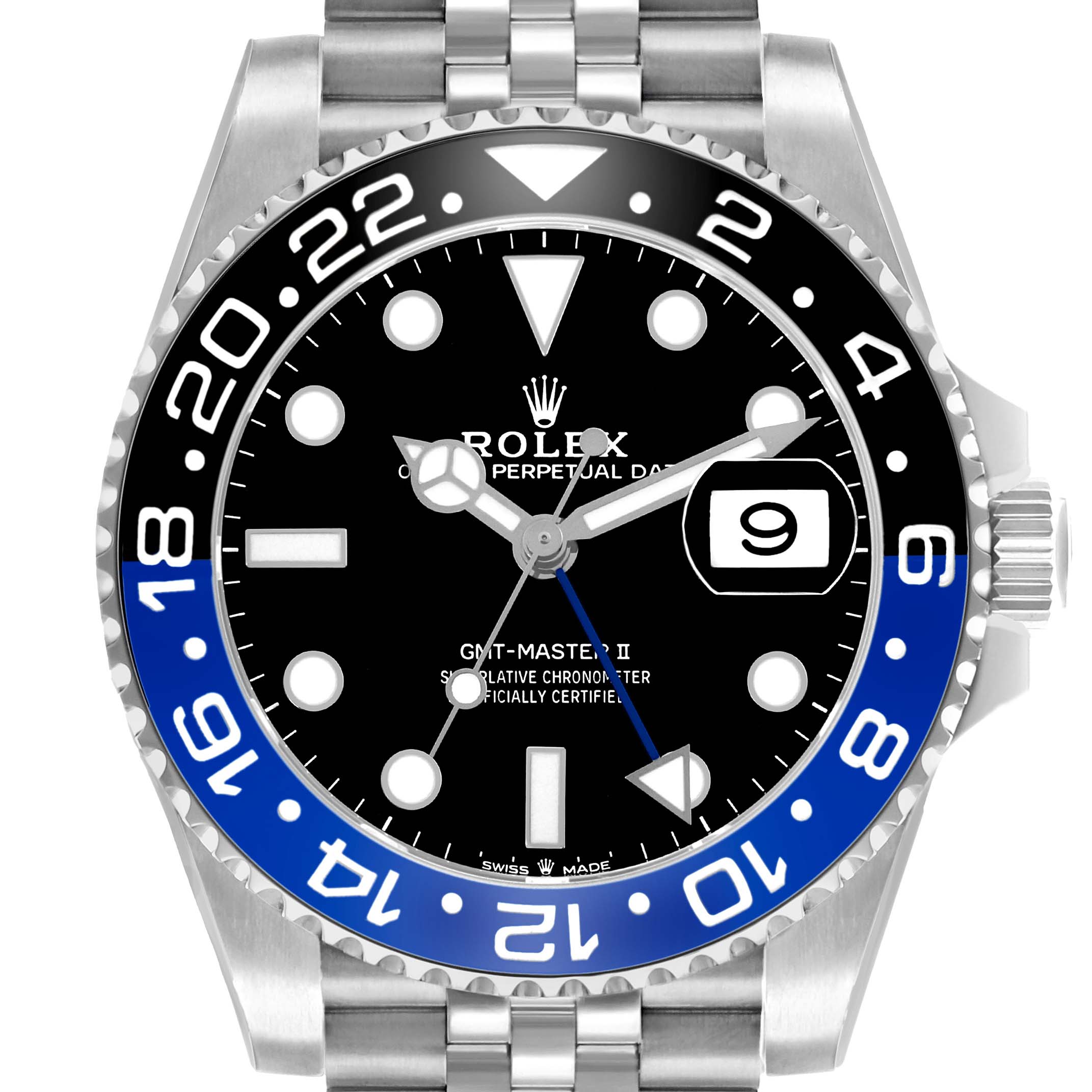 The Rolex GMT-Master 126710 Men's Stainless Steel Black Dial II watch is shown from the front, highlighting the dial, bezel, and bracelet.