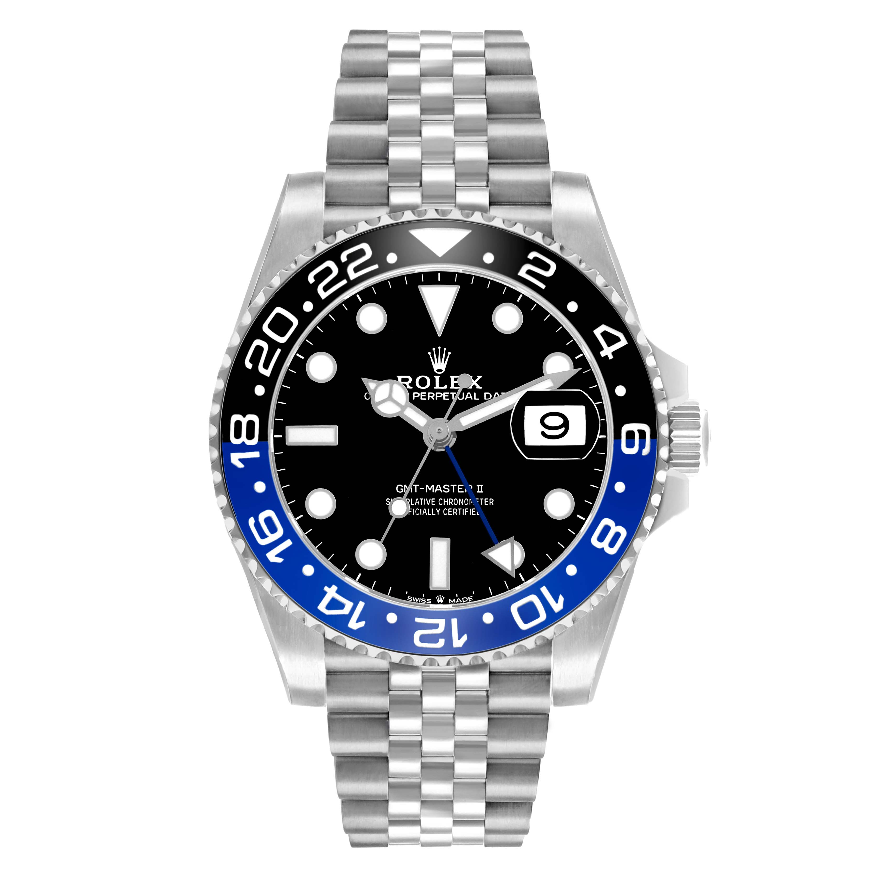 The image shows a frontal view of the Rolex GMT-Master 126710 Men's Stainless Steel Black Dial II with a blue and black bezel and Jubilee bracelet.