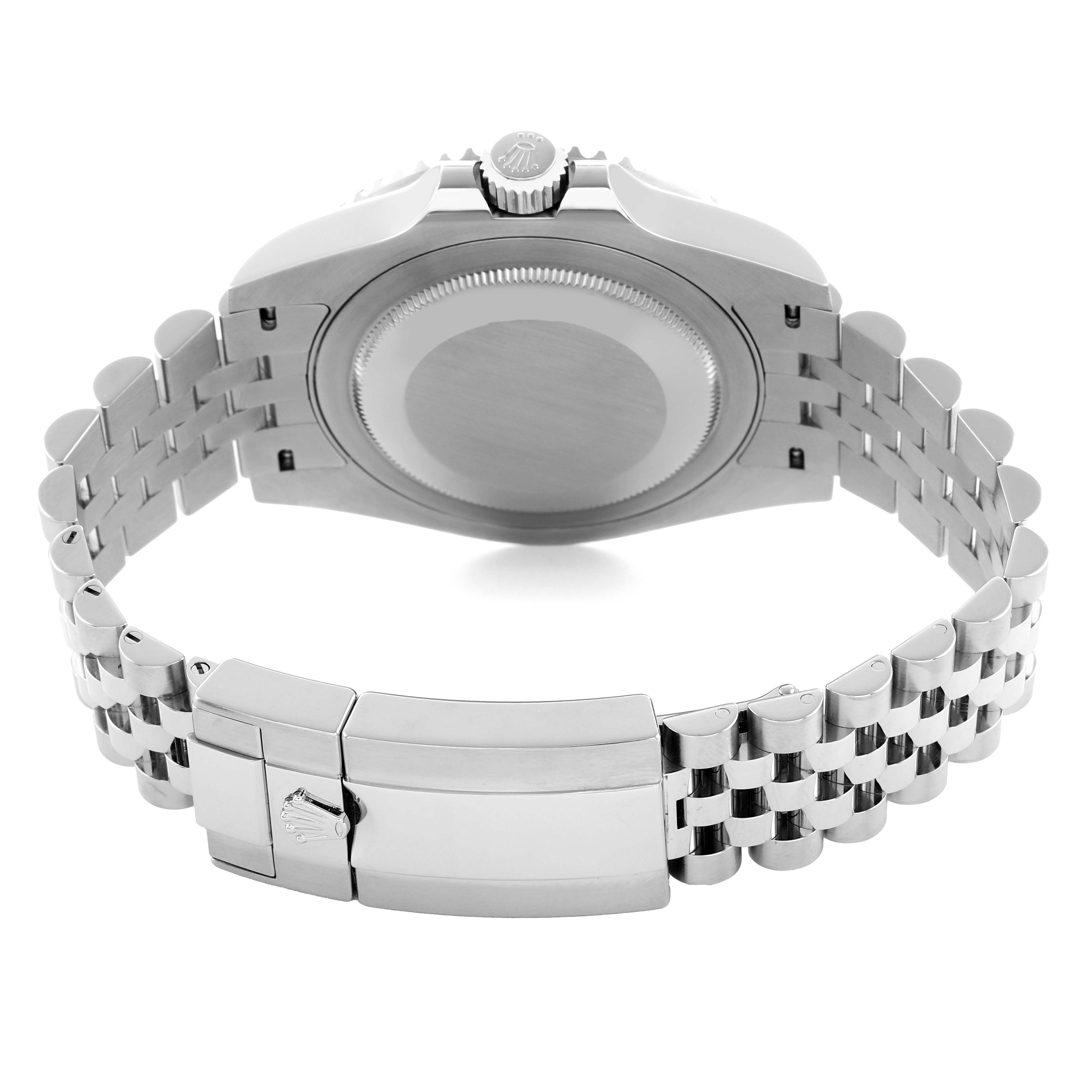 The image shows the back and bracelet of a Rolex GMT-Master 126710 Men's Stainless Steel Black Dial watch, highlighting the clasp and case back.