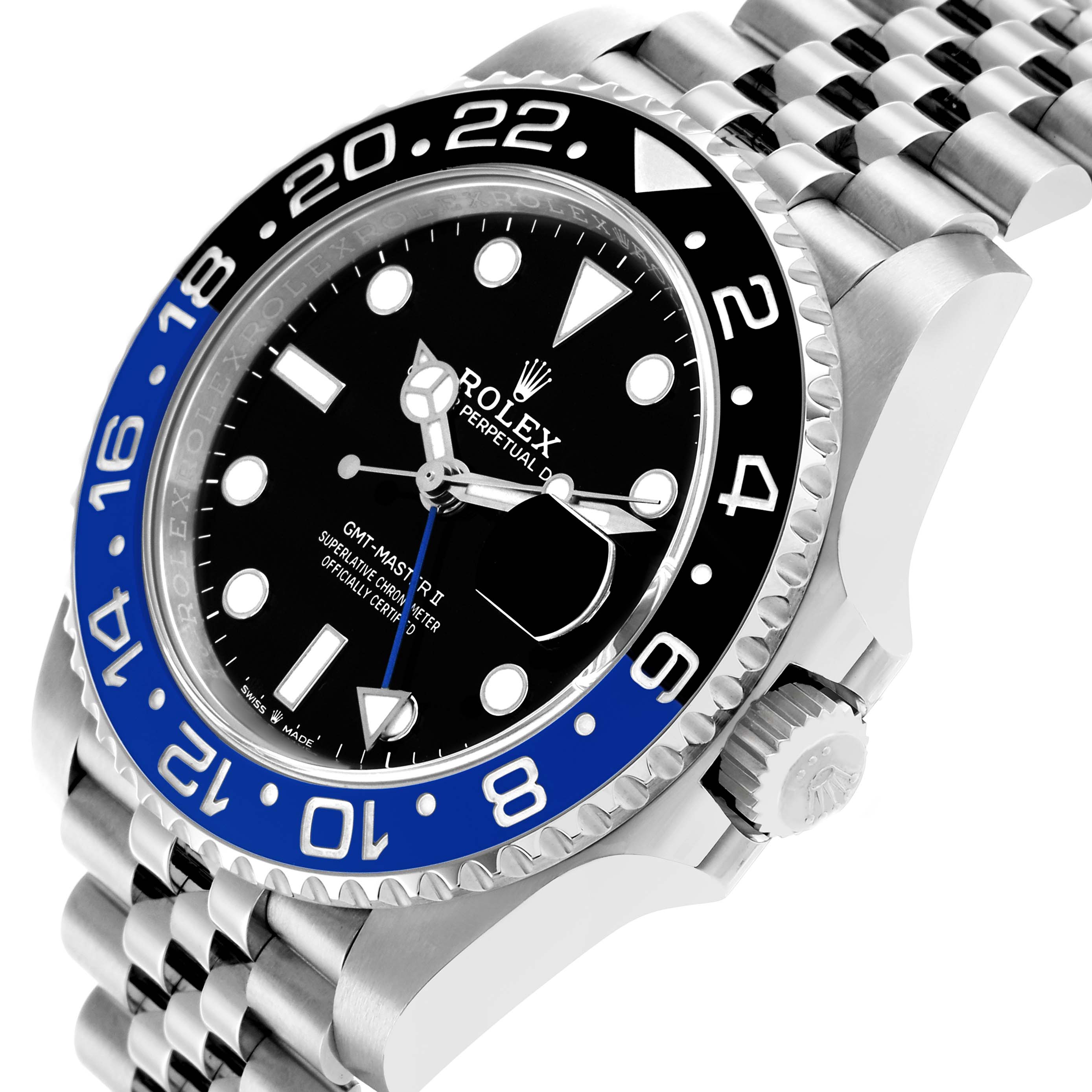 The Rolex GMT-Master 126710 Men's Stainless Steel Black Dial is shown at a side angle, highlighting its bezel, dial, crown, and bracelet.
