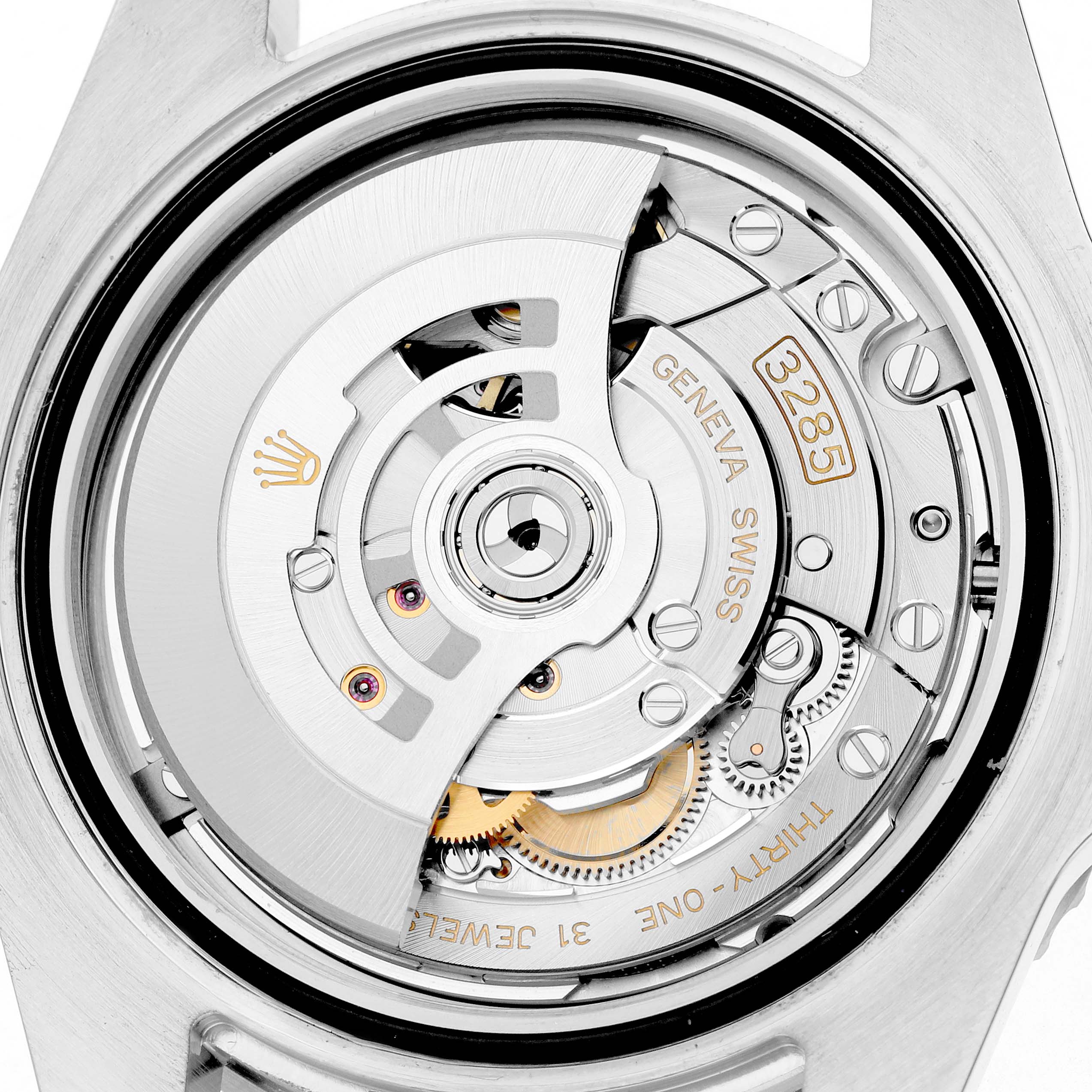 The image shows the movement of a Rolex GMT-Master 126710 Men's Stainless Steel Black Dial, highlighting the rotor and gears from a back view angle.