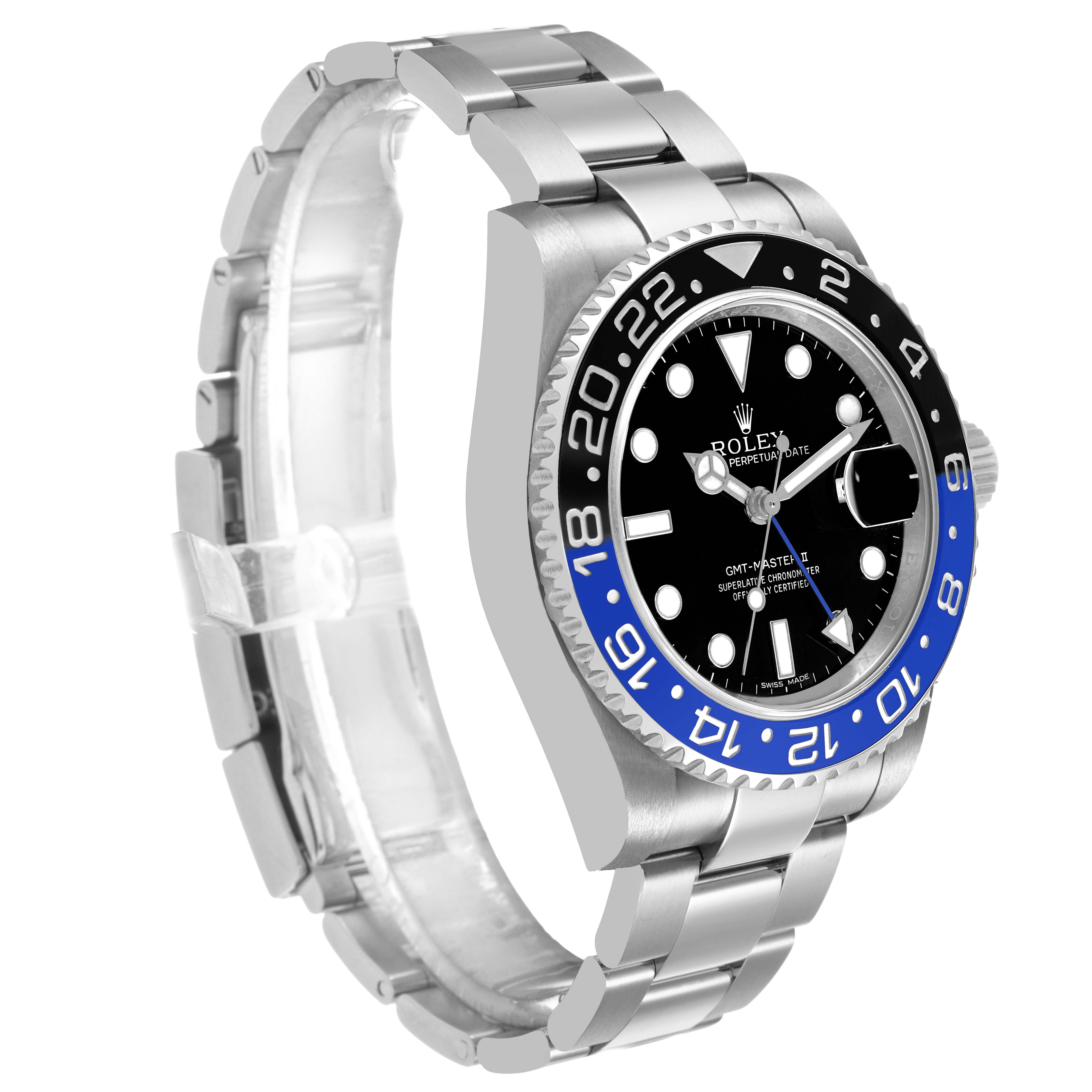 The Rolex GMT-Master 116710BLNR Men's Stainless Steel Black Dial watch is shown at a three-quarter angle, highlighting the bezel, face, and stainless steel bracelet.