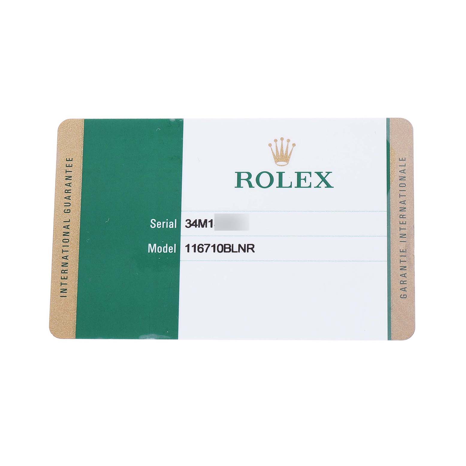 The image shows an international guarantee card for a Rolex GMT-Master 116710BLNR Men's Stainless Steel Black Dial, model 116710BLNR, with serial information visible.