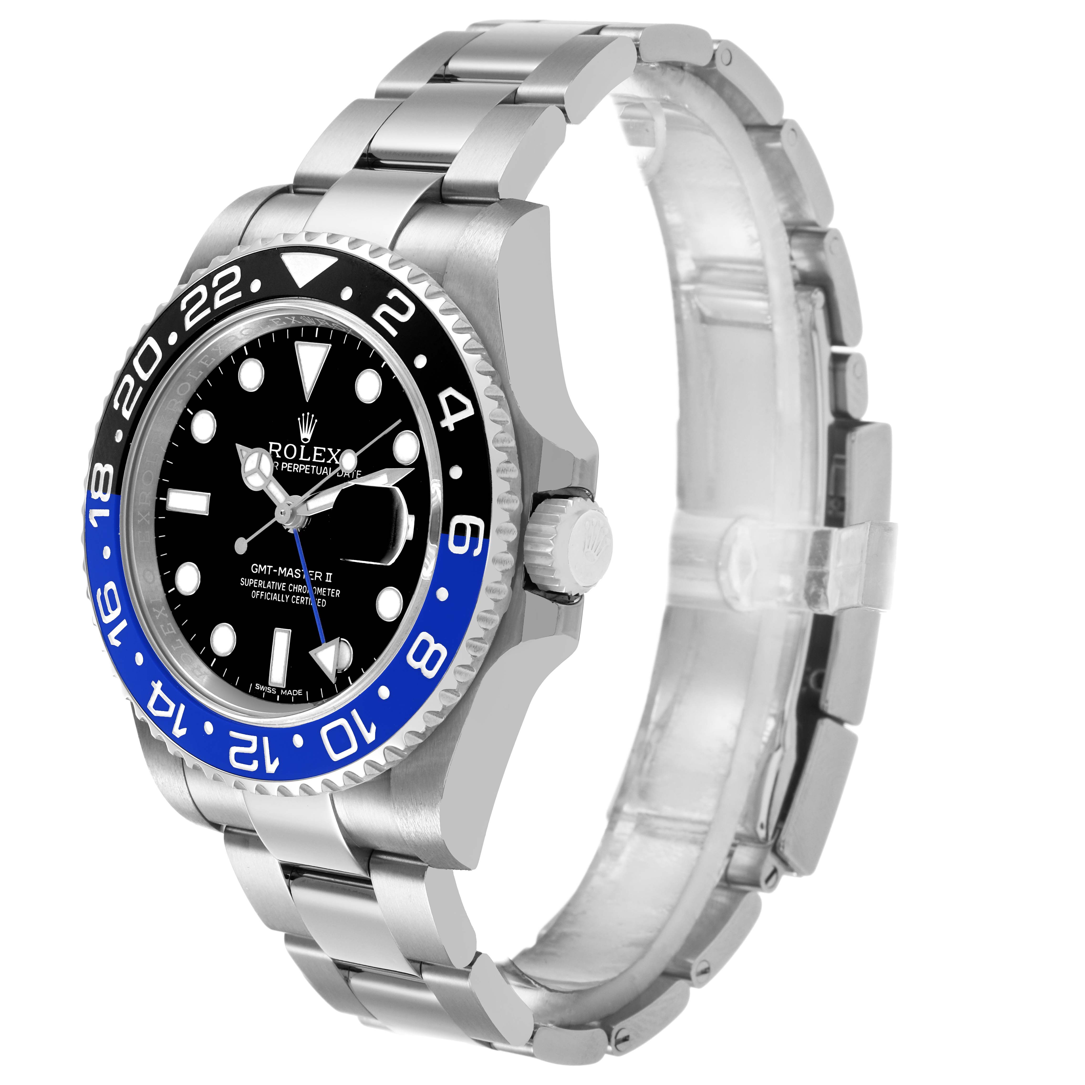 The Rolex GMT-Master 116710BLNR Men's Stainless Steel Black Dial watch is shown at a three-quarter angle, highlighting the bezel, dial, crown, and bracelet.