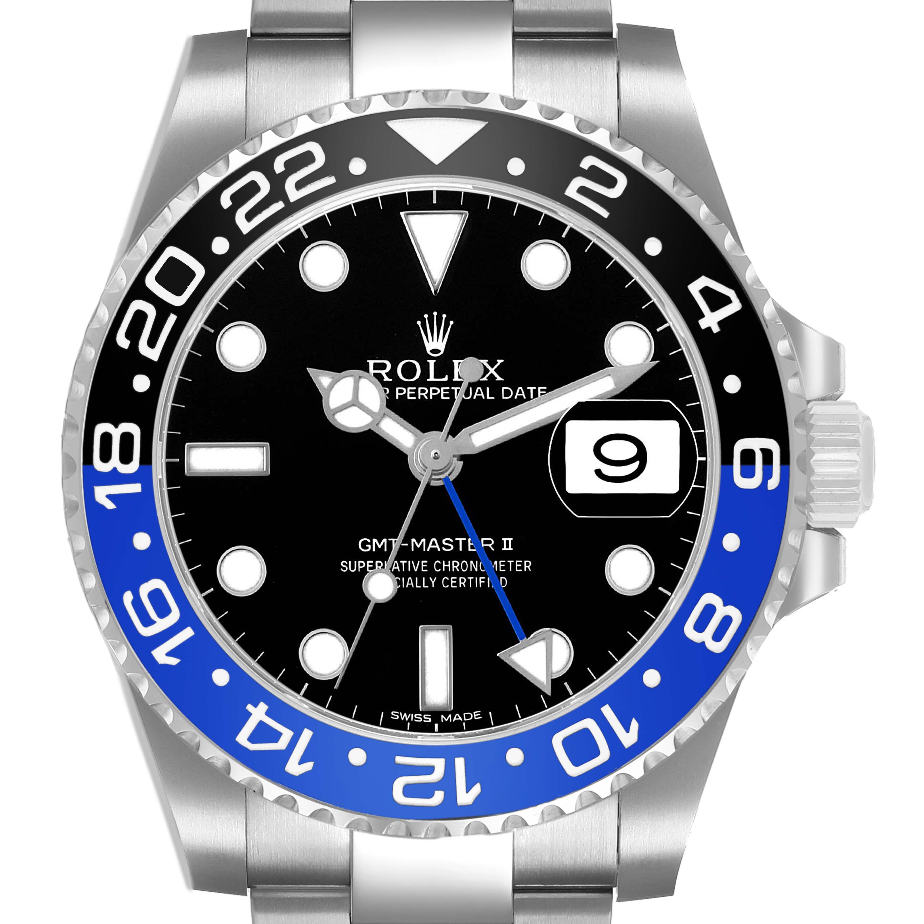 The Rolex GMT-Master 116710BLNR Men's Stainless Steel Black Dial watch is shown from the front, highlighting its dial, bezel, and crown.