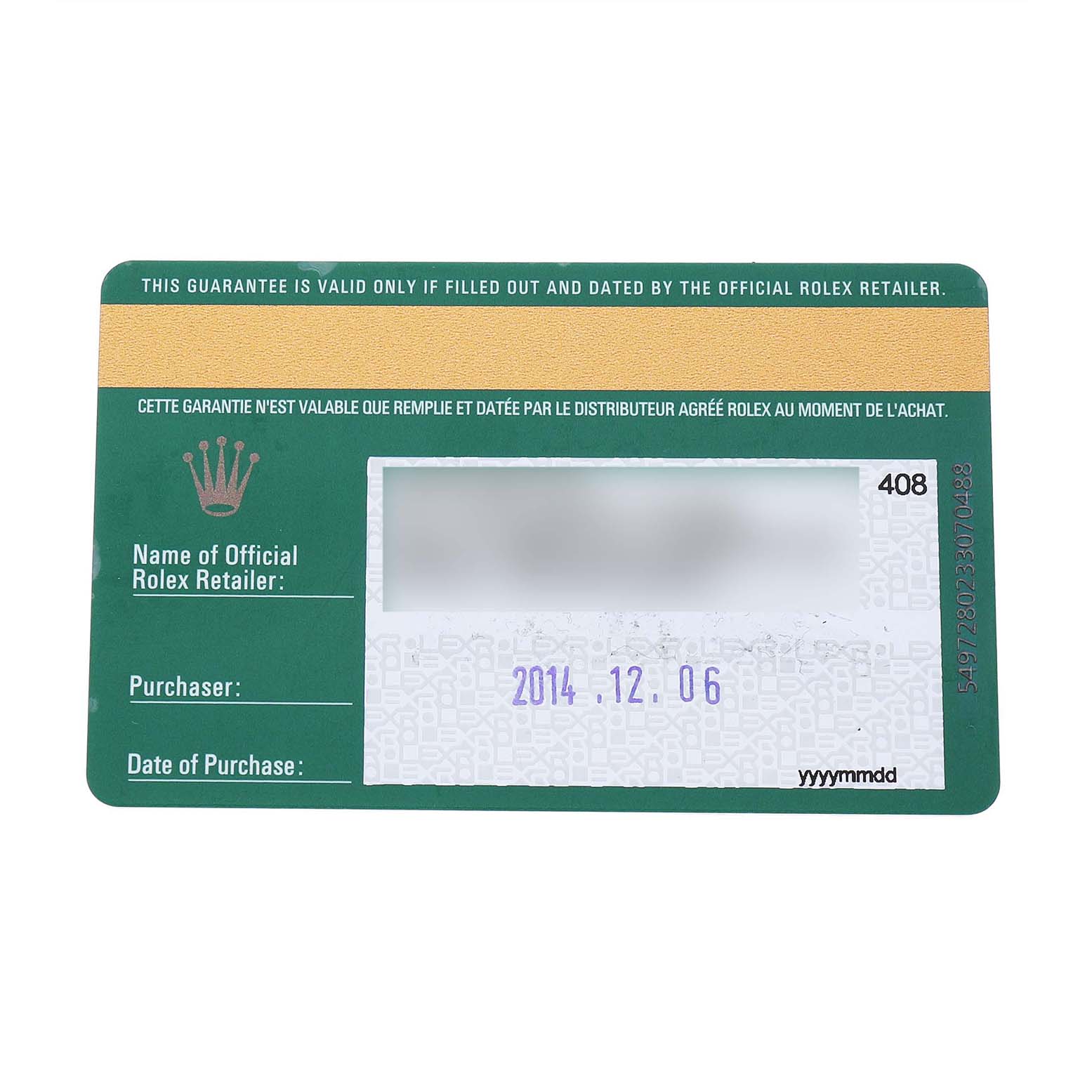 The image shows a guarantee card for a Rolex GMT-Master 116710BLNR Men's Stainless Steel Black Dial watch, displaying purchase information.