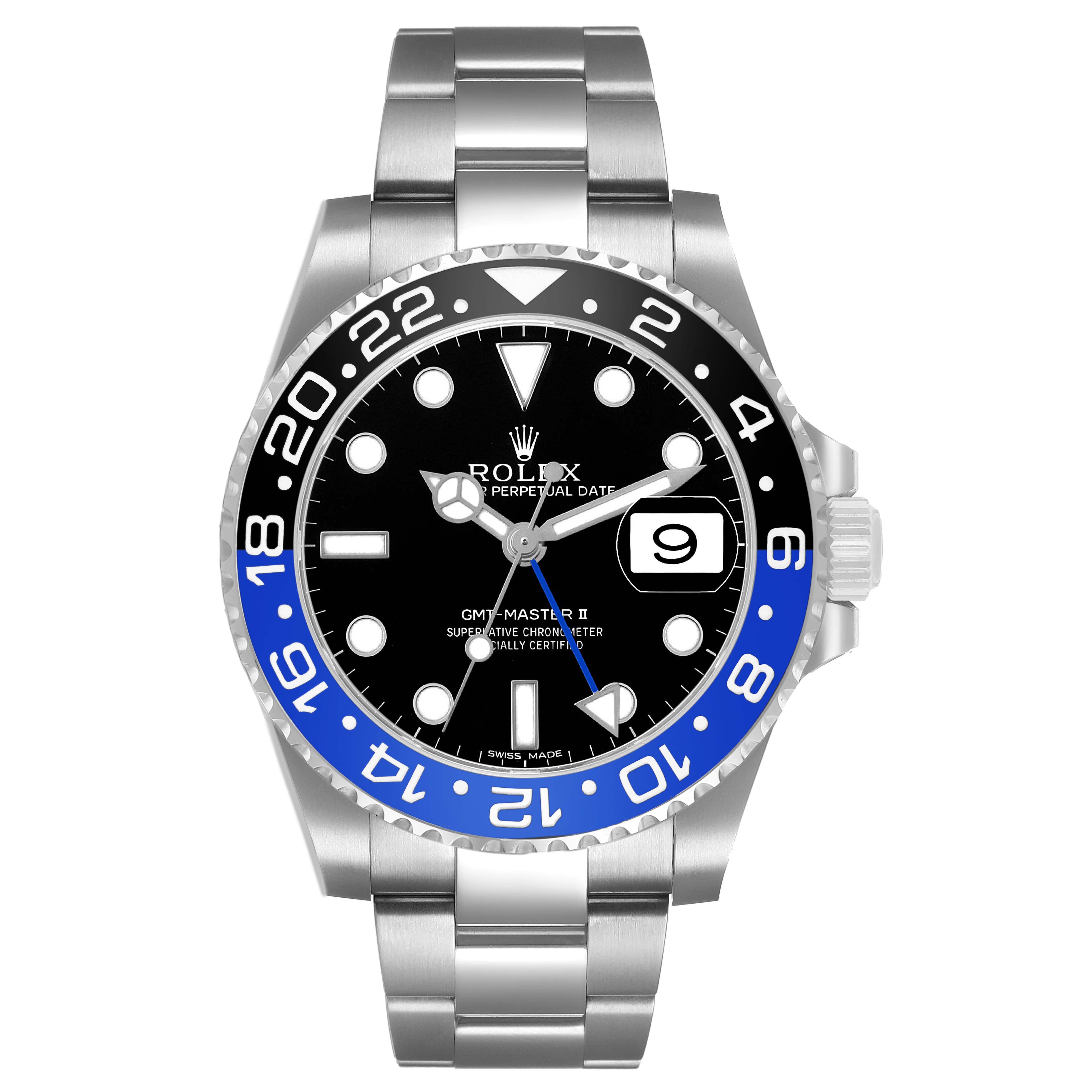 The Rolex GMT-Master 116710BLNR Men's Stainless Steel Black Dial model is shown in a front view, highlighting the bezel, dial, and bracelet.