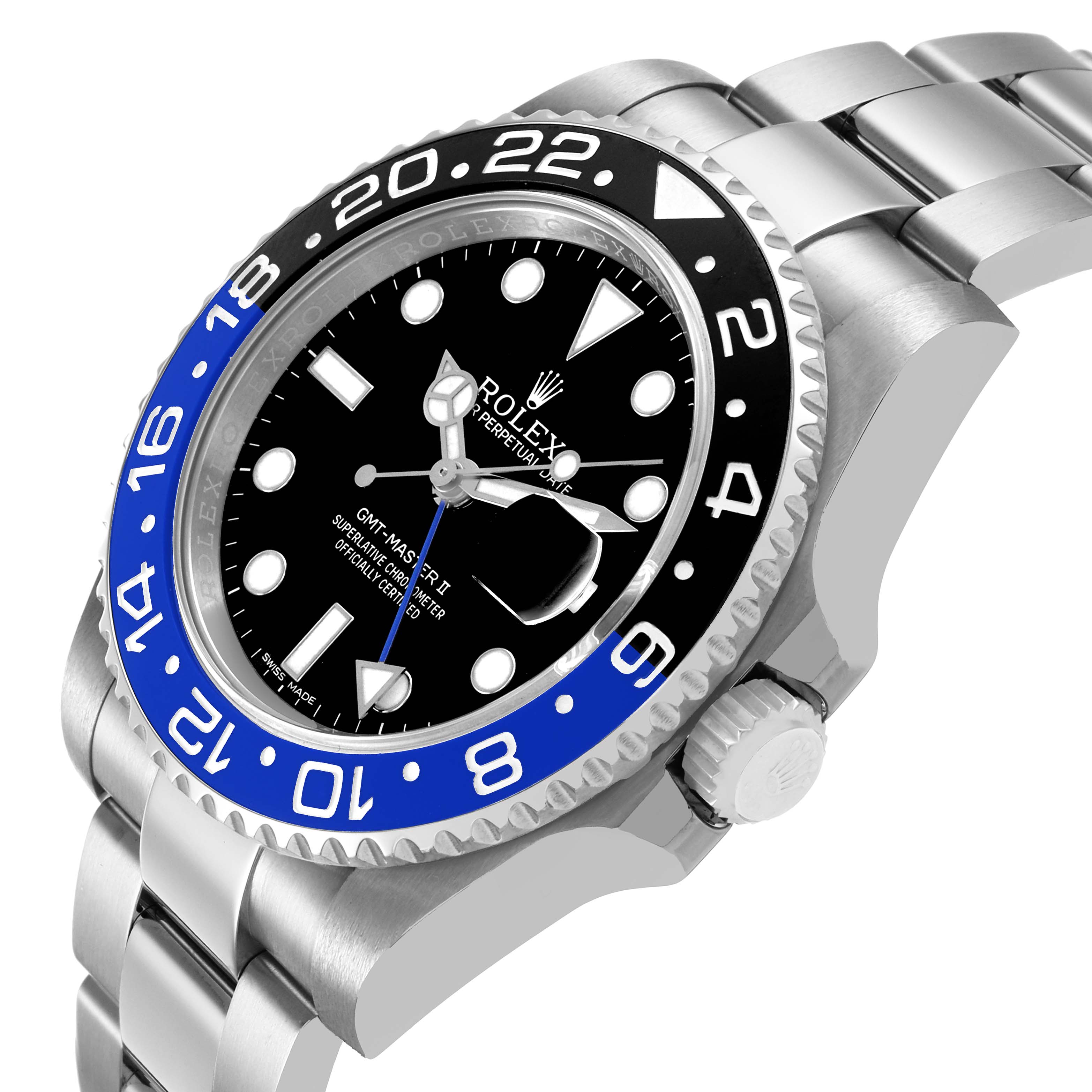 The Rolex GMT-Master 116710BLNR Men's Stainless Steel Black Dial watch is shown at a slight side angle, highlighting the bezel, face, crown, and part of the bracelet.