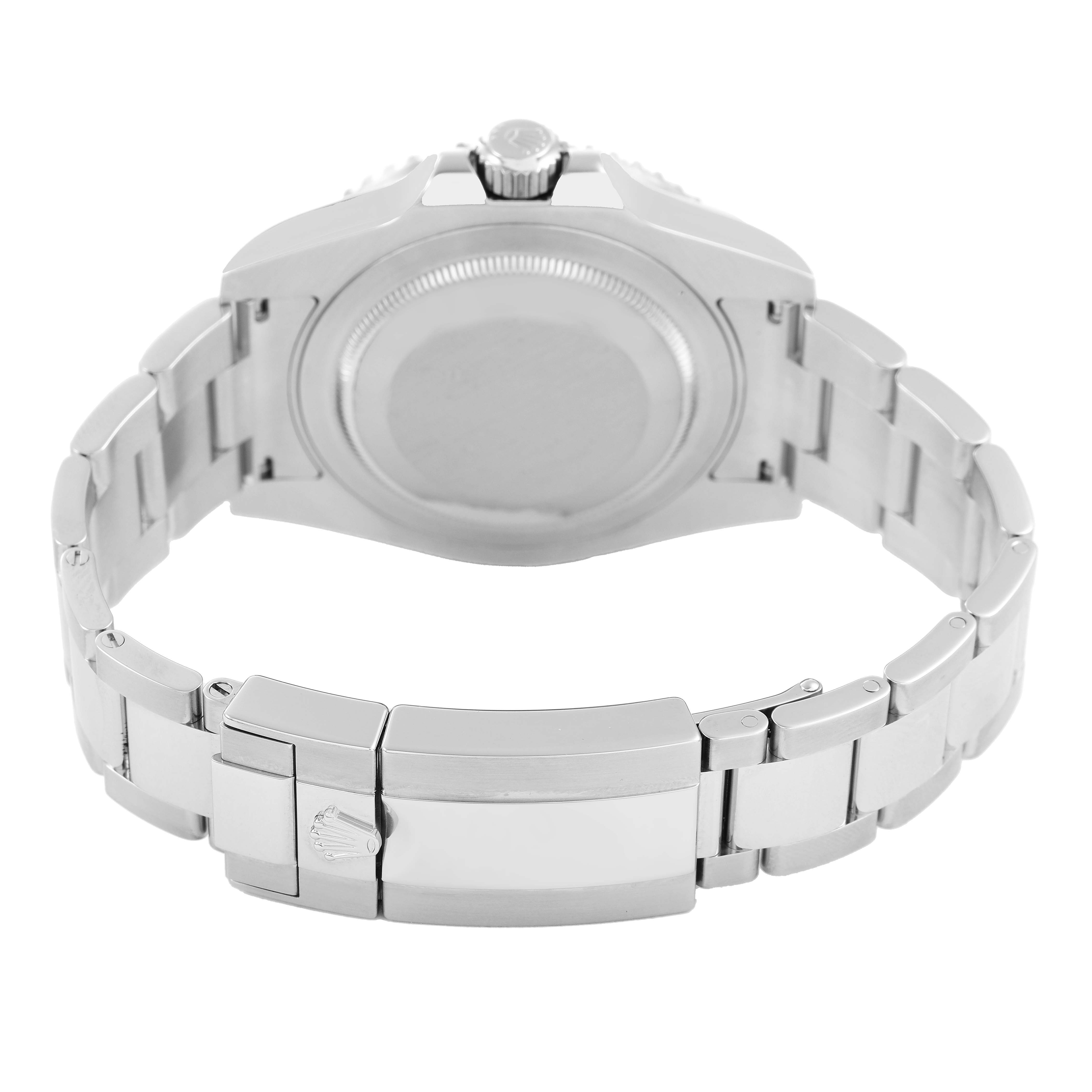 The image shows the back case and bracelet of the Rolex GMT-Master 116710BLNR Men's Stainless Steel Black Dial, viewed from the rear.