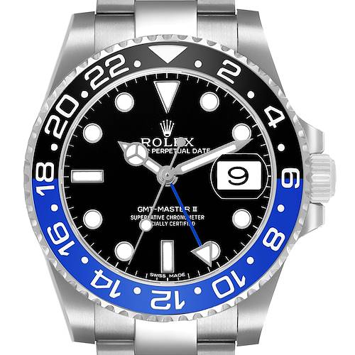 The Rolex GMT-Master 116710BLNR Men's Stainless Steel Black Dial II is shown front-facing, highlighting the bezel, dial, and date feature.