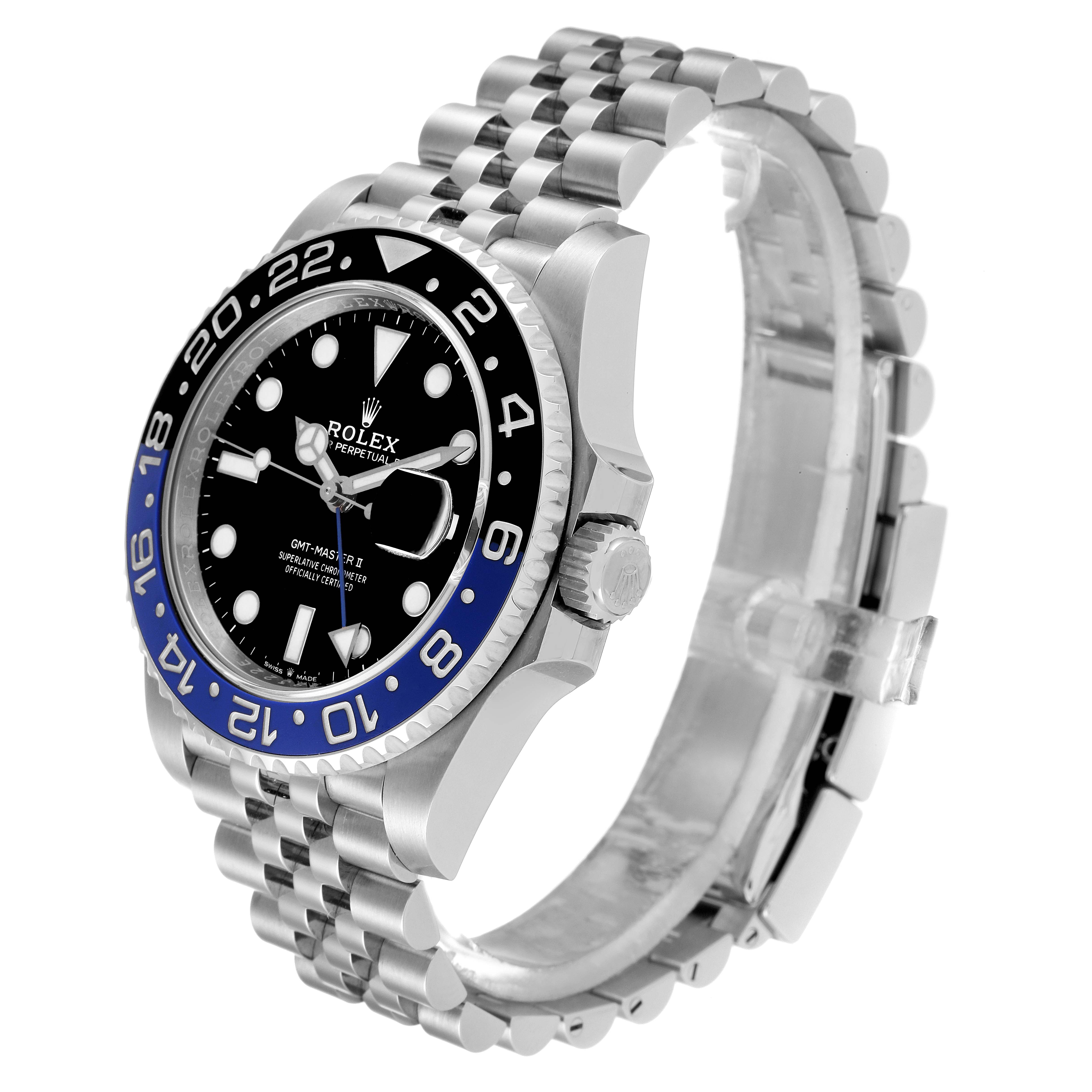 This Rolex GMT-Master 126710 Men
s Stainless Steel Black Dial 126710 Men
s Stainless Steel Black Dial watch is shown at a slight angle, highlighting the face, bezel, crown, and bracelet.