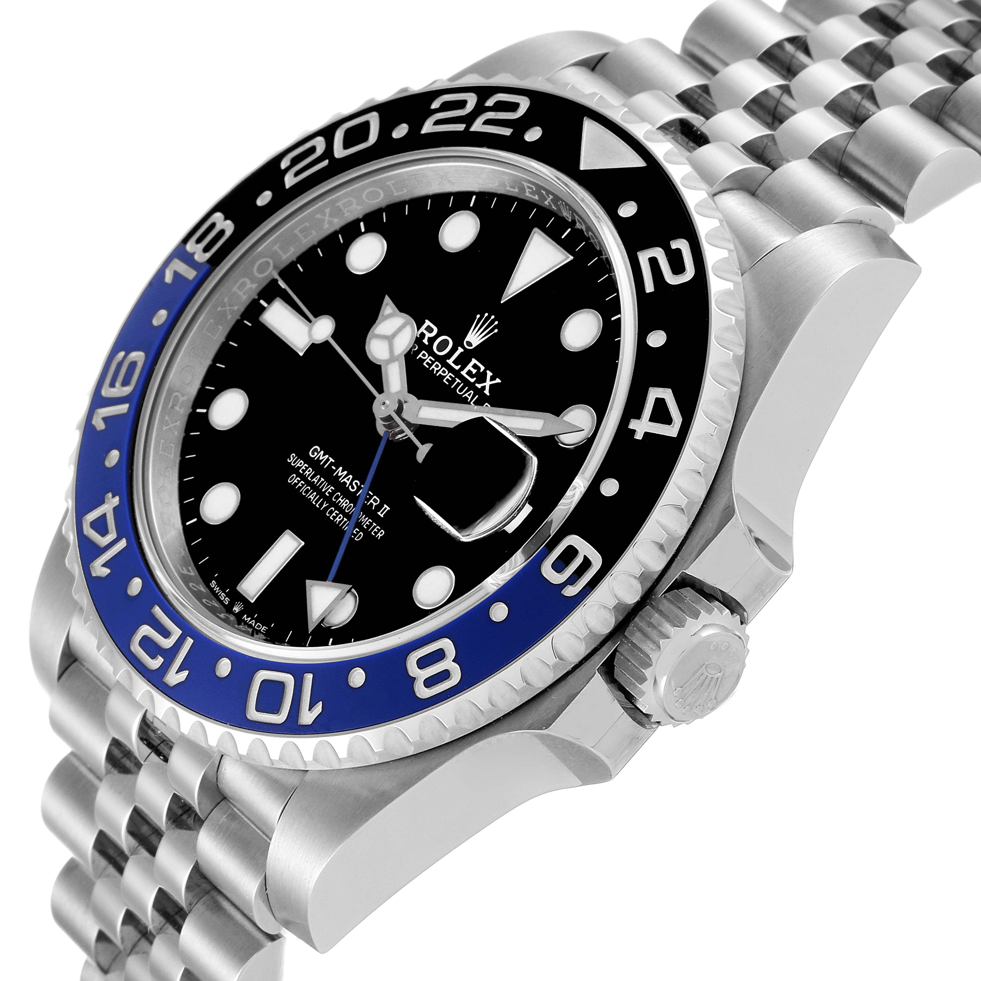 The image shows a Rolex GMT-Master 126710 Men
s Stainless Steel Black Dial 126710 Men
s Stainless Steel Black Dial II watch at an angle highlighting the bezel, dial, crown, and Jubilee bracelet.