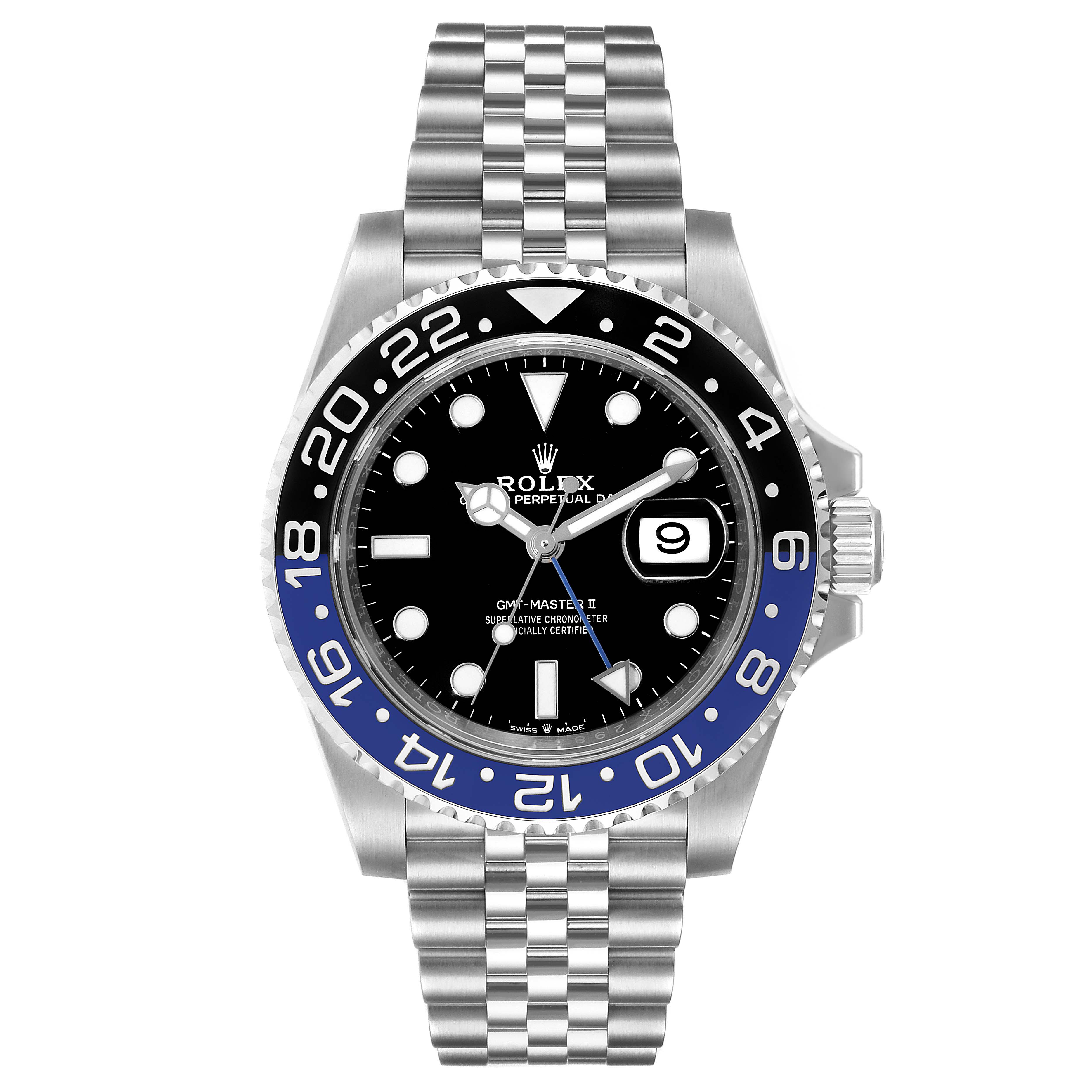 This image shows a front view of the Rolex GMT-Master 126710 Men
s Stainless Steel Black Dial 126710 Men
s Stainless Steel Black Dial II watch with a black and blue bezel and jubilee bracelet.