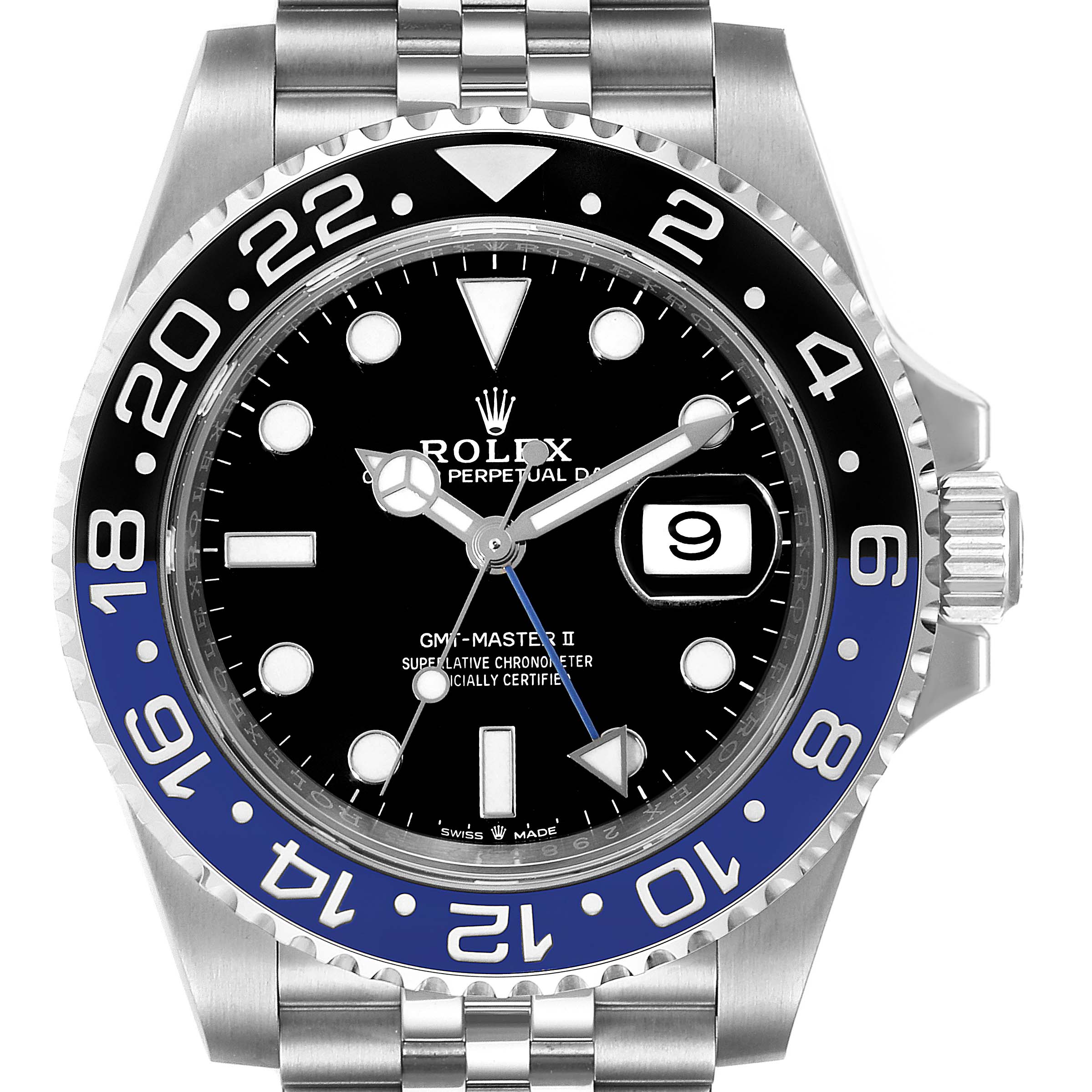 The image shows a front view of a Rolex GMT-Master 126710 Men
s Stainless Steel Black Dial 126710 Men
s Stainless Steel Black Dial II watch, highlighting its bezel, dial, and bracelet.