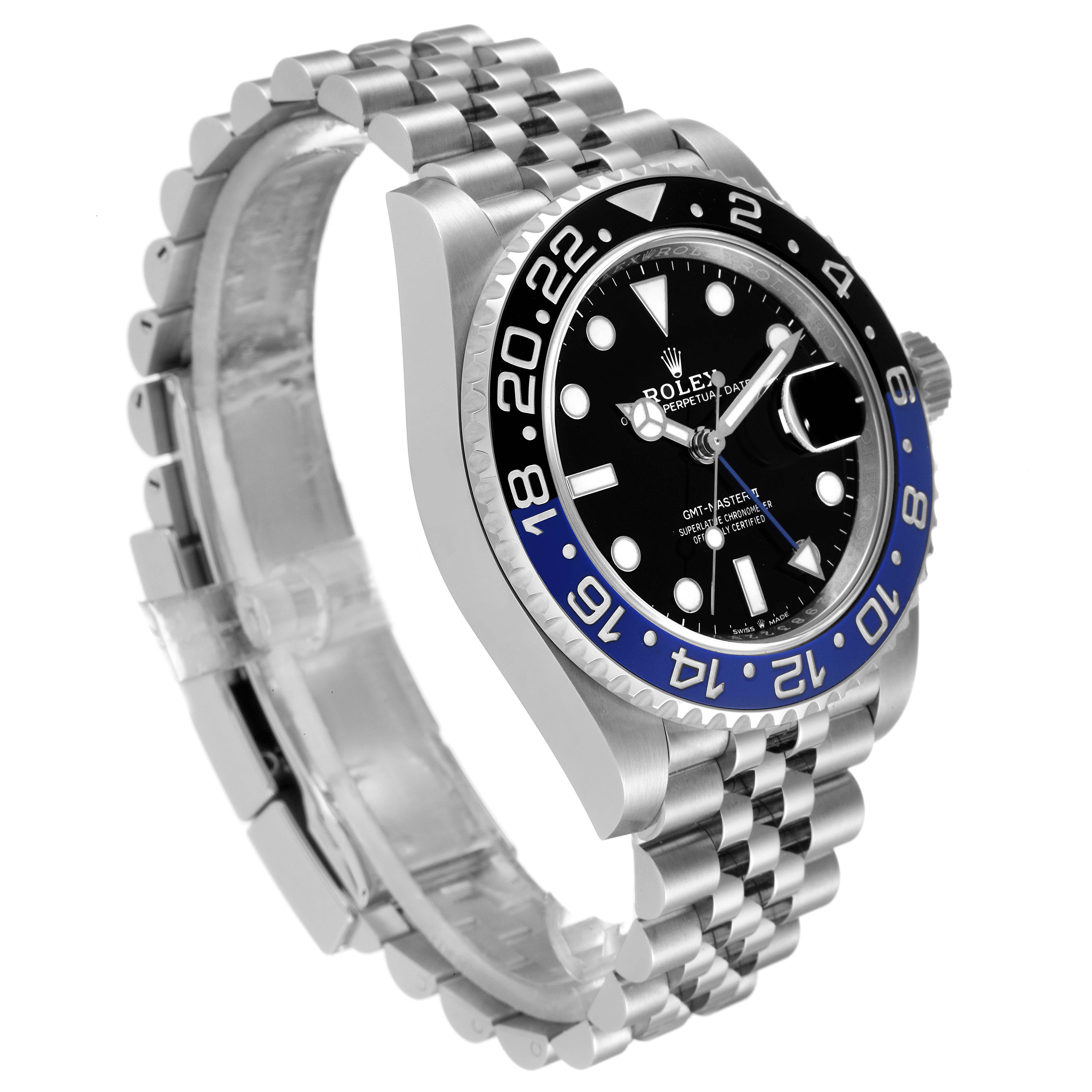 The image shows a side angle of a Rolex GMT-Master 126710 Men
s Stainless Steel Black Dial 126710 Men
s Stainless Steel Black Dial watch, displaying its face, bezel, and part of its Jubilee bracelet.