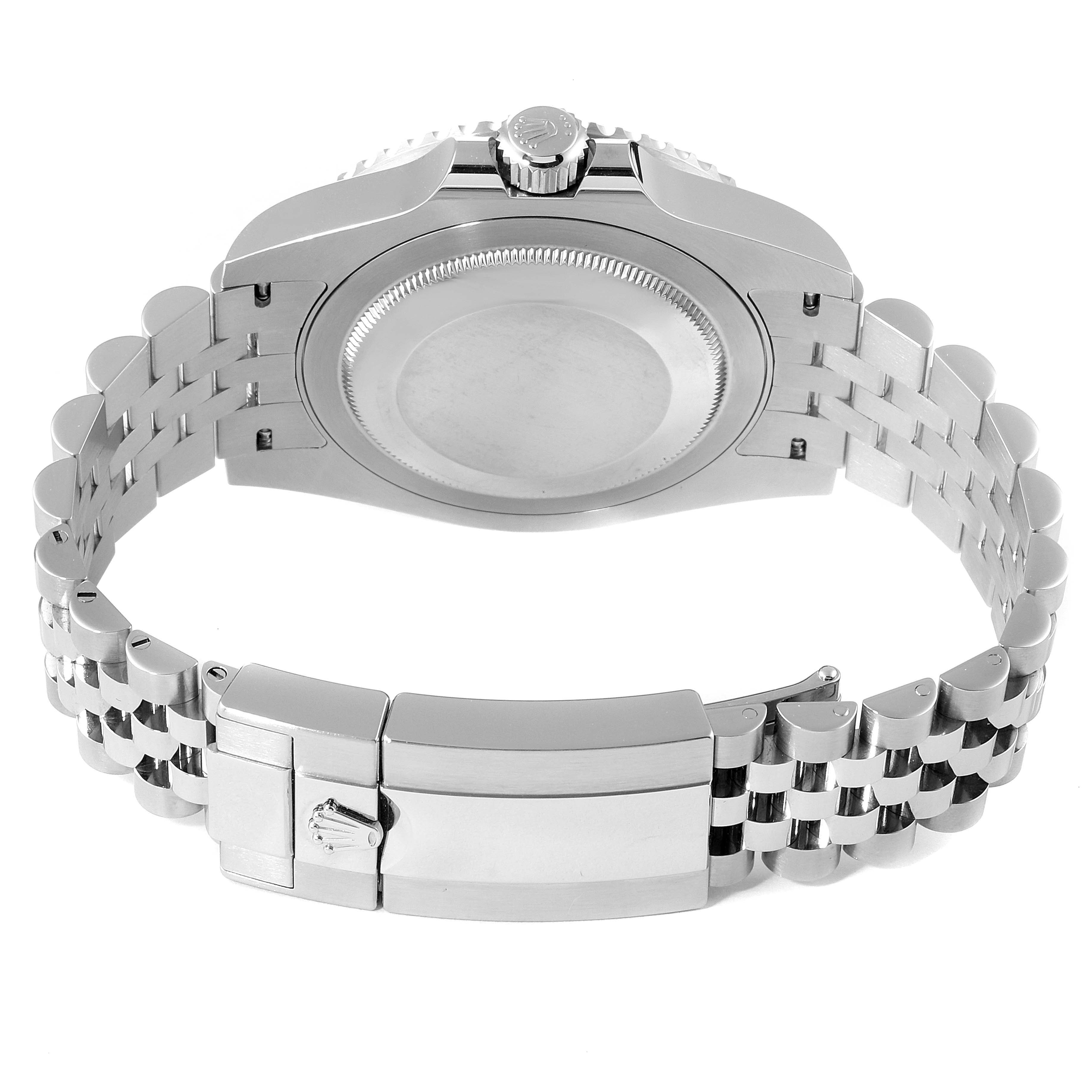 The image shows the back view of the Rolex GMT-Master 126710 Men
s Stainless Steel Black Dial 126710 Men
s Stainless Steel Black Dial watch, including the case back and the bracelet with clasp.