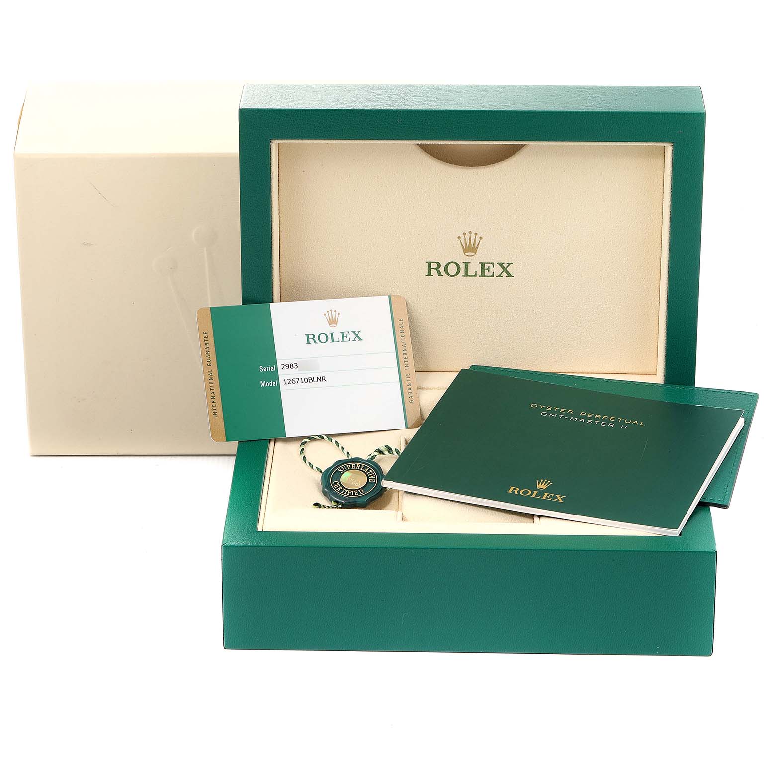 The image shows the packaging, warranty card, booklet, and tag for a Rolex GMT-Master 126710 Men
s Stainless Steel Black Dial 126710 Men
s Stainless Steel Black Dial model watch.