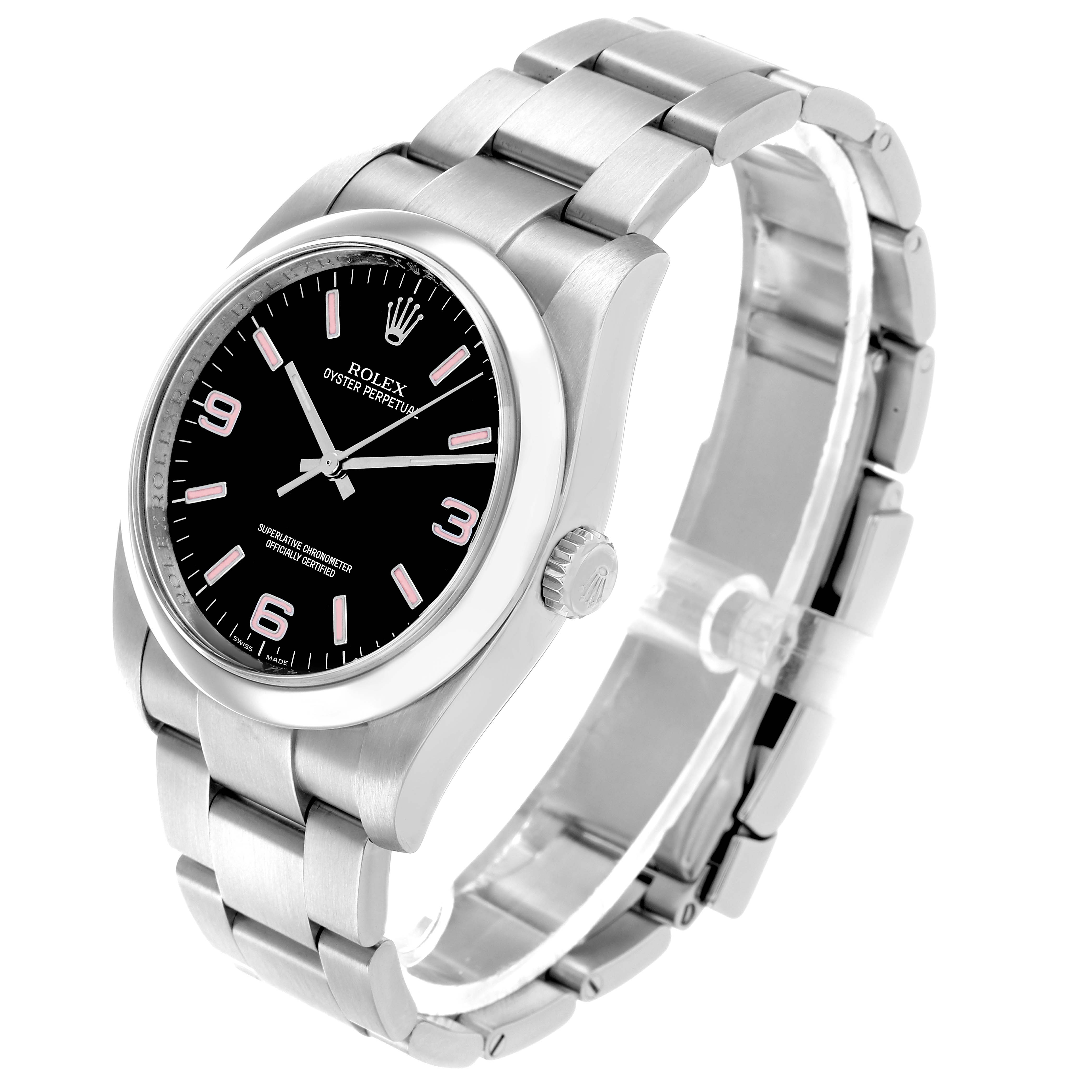 The Rolex Oyster Perpetual 116000 Men's Stainless Steel Black Dial watch is shown at a three-quarter angle, displaying the face, crown, and bracelet.