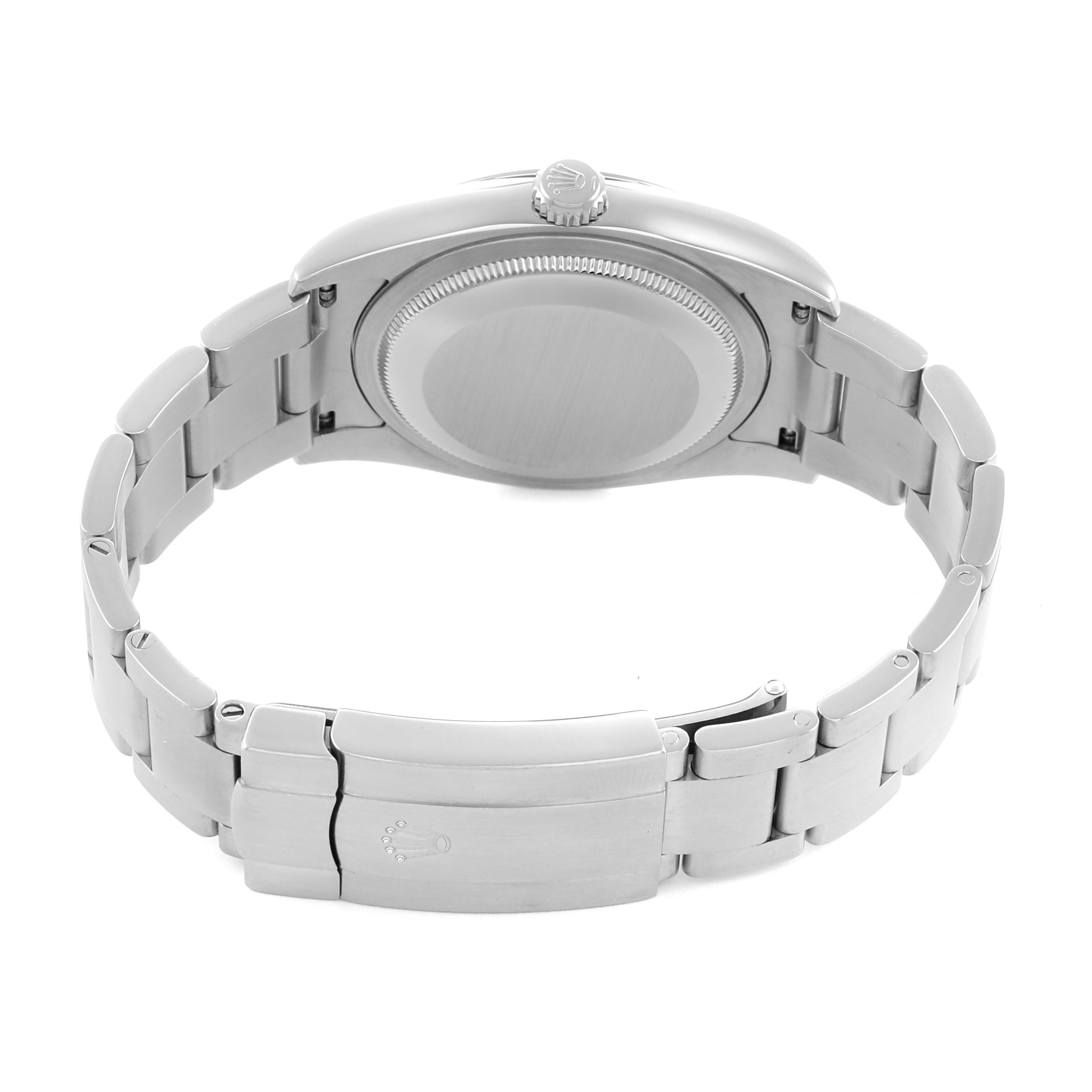 The Rolex Oyster Perpetual 116000 Men's Stainless Steel Black Dial watch is shown from the back, displaying the case back, bracelet, and clasp.