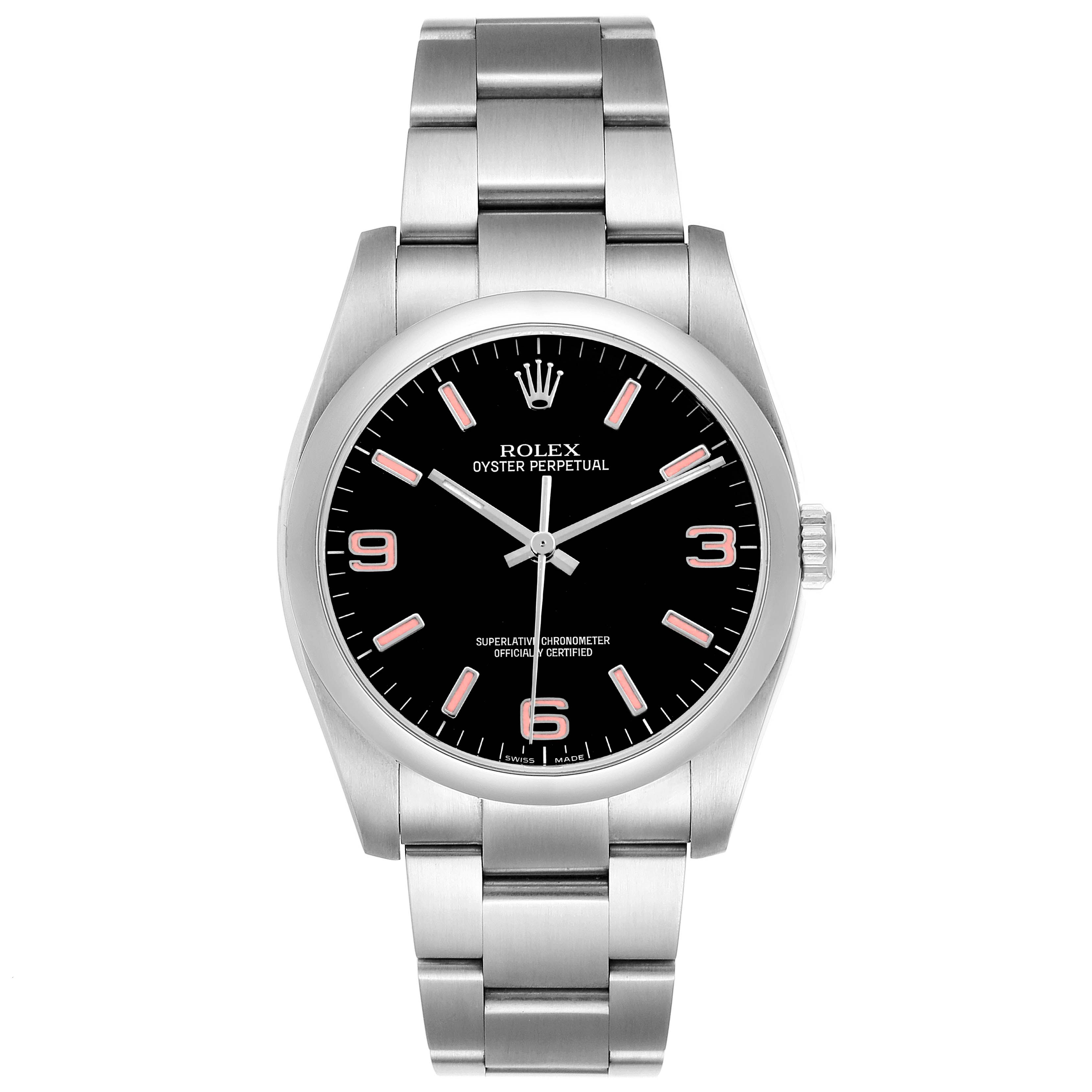 The Rolex Oyster Perpetual 116000 Men's Stainless Steel Black Dial watch is shown from a front angle, displaying its black dial, indices, hands, and bracelet.