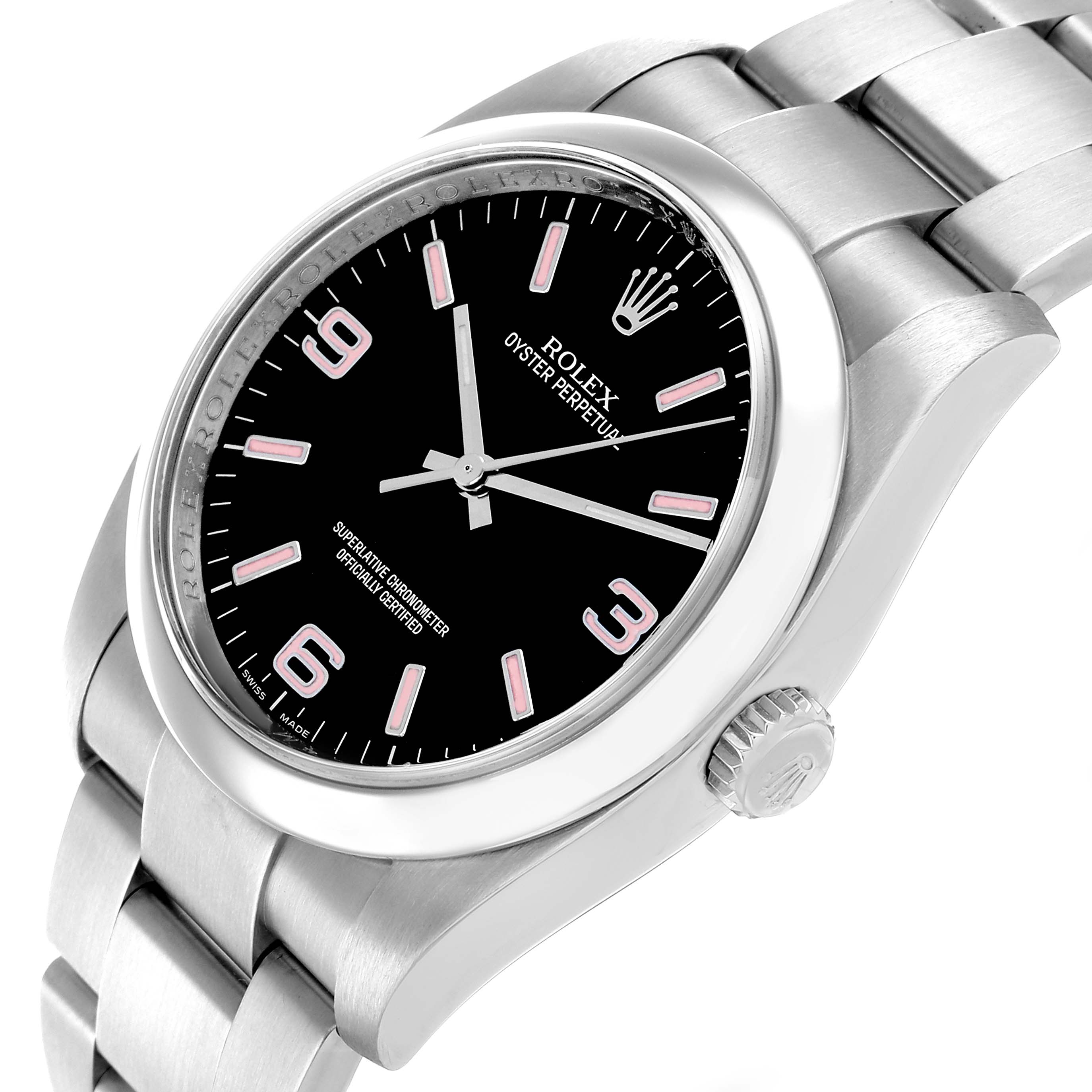 The Rolex Oyster Perpetual 116000 Men's Stainless Steel Black Dial watch is shown at a slight angle, highlighting the dial, bezel, and bracelet.