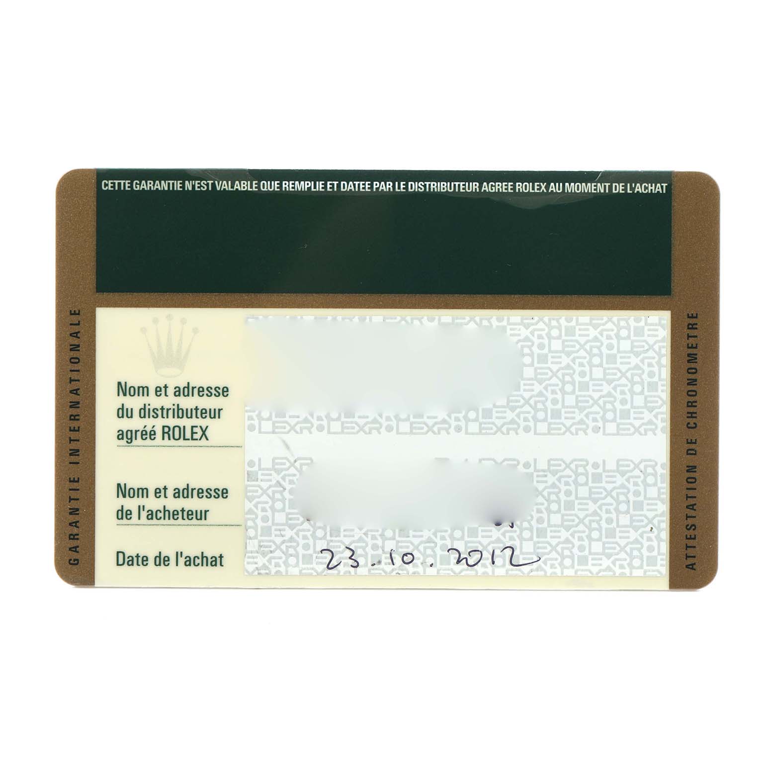 This image shows a warranty card for the Rolex Oyster Perpetual 116000 Men's Stainless Steel Black Dial watch, displaying brand information and purchase details.