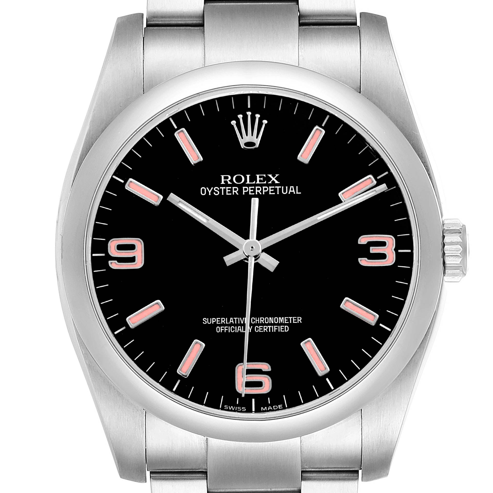 The Rolex Oyster Perpetual 116000 Men's Stainless Steel Black Dial watch is shown from a front angle, highlighting the dial, bezel, and part of the bracelet.