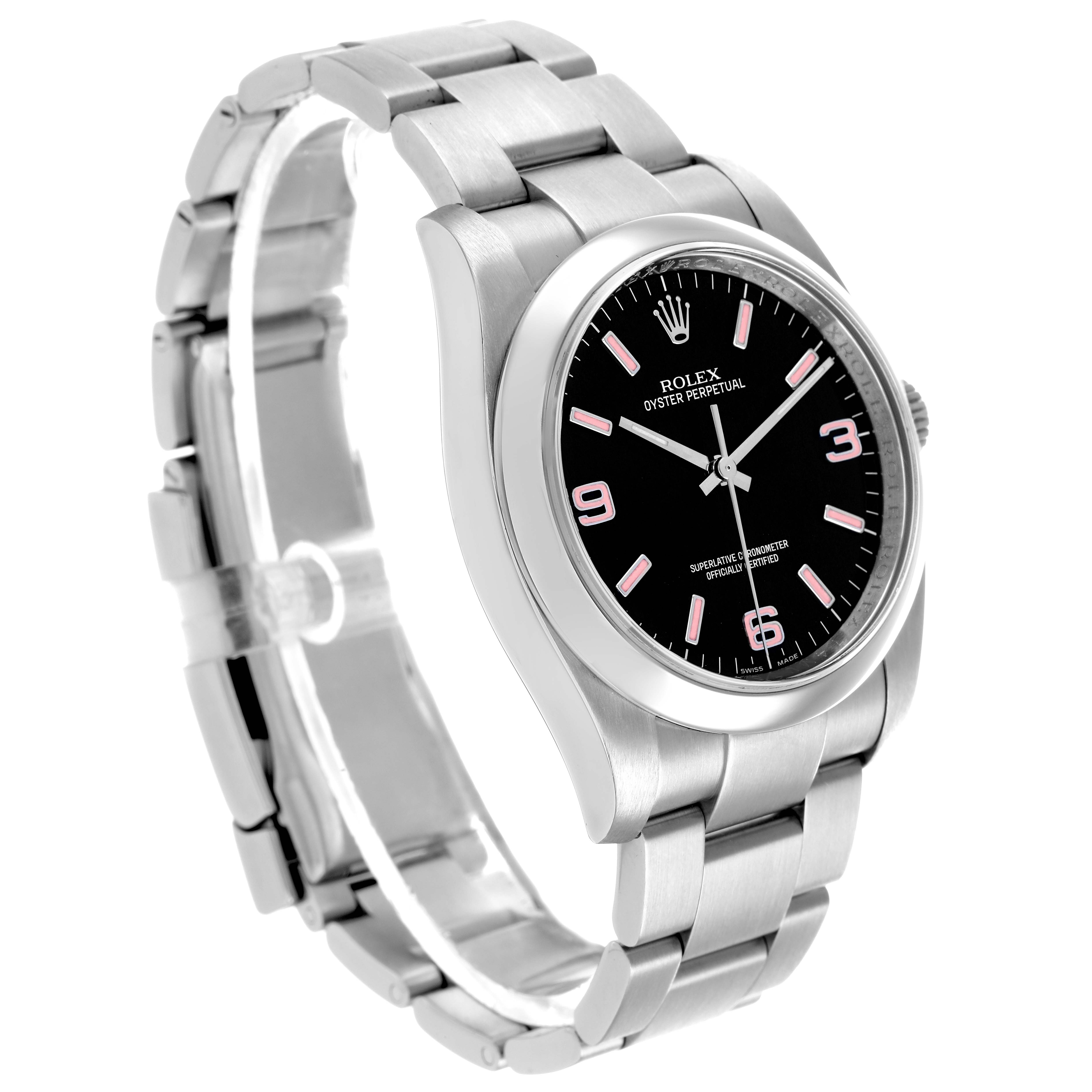 The Rolex Oyster Perpetual 116000 Men's Stainless Steel Black Dial watch is shown at a three-quarter angle, highlighting the face, bezel, and part of the bracelet.