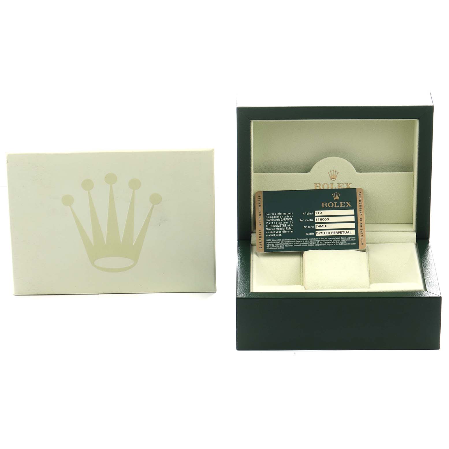 The image shows a Rolex Oyster Perpetual 116000 Men's Stainless Steel Black Dial watch box with a certificate card inside, viewed from the front.