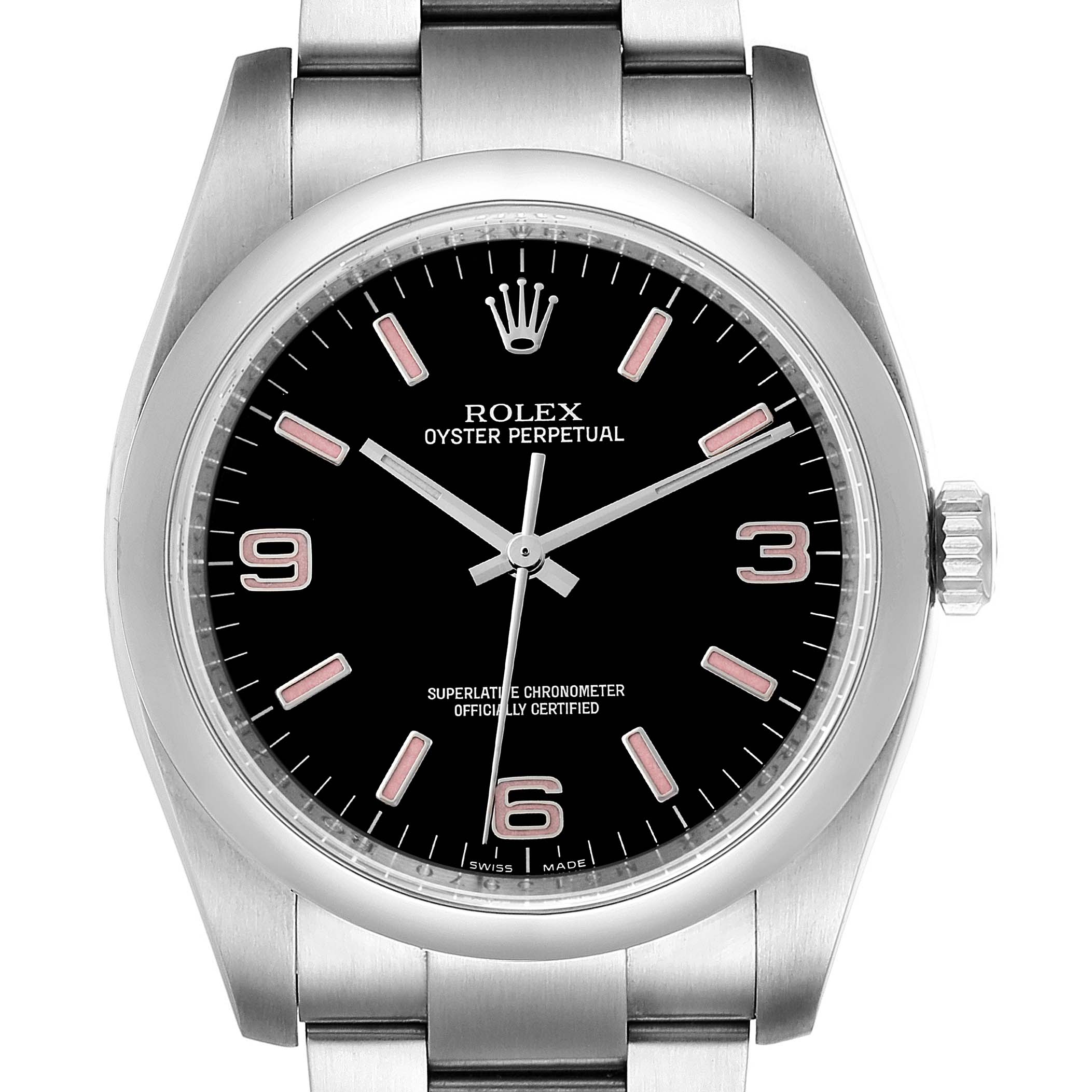 The Rolex Oyster Perpetual 116000 Men's Stainless Steel Black Dial 116000 Men's Stainless Steel Black Dial watch is shown from a front angle, displaying the face, bezel, dial, and part of the bracelet.