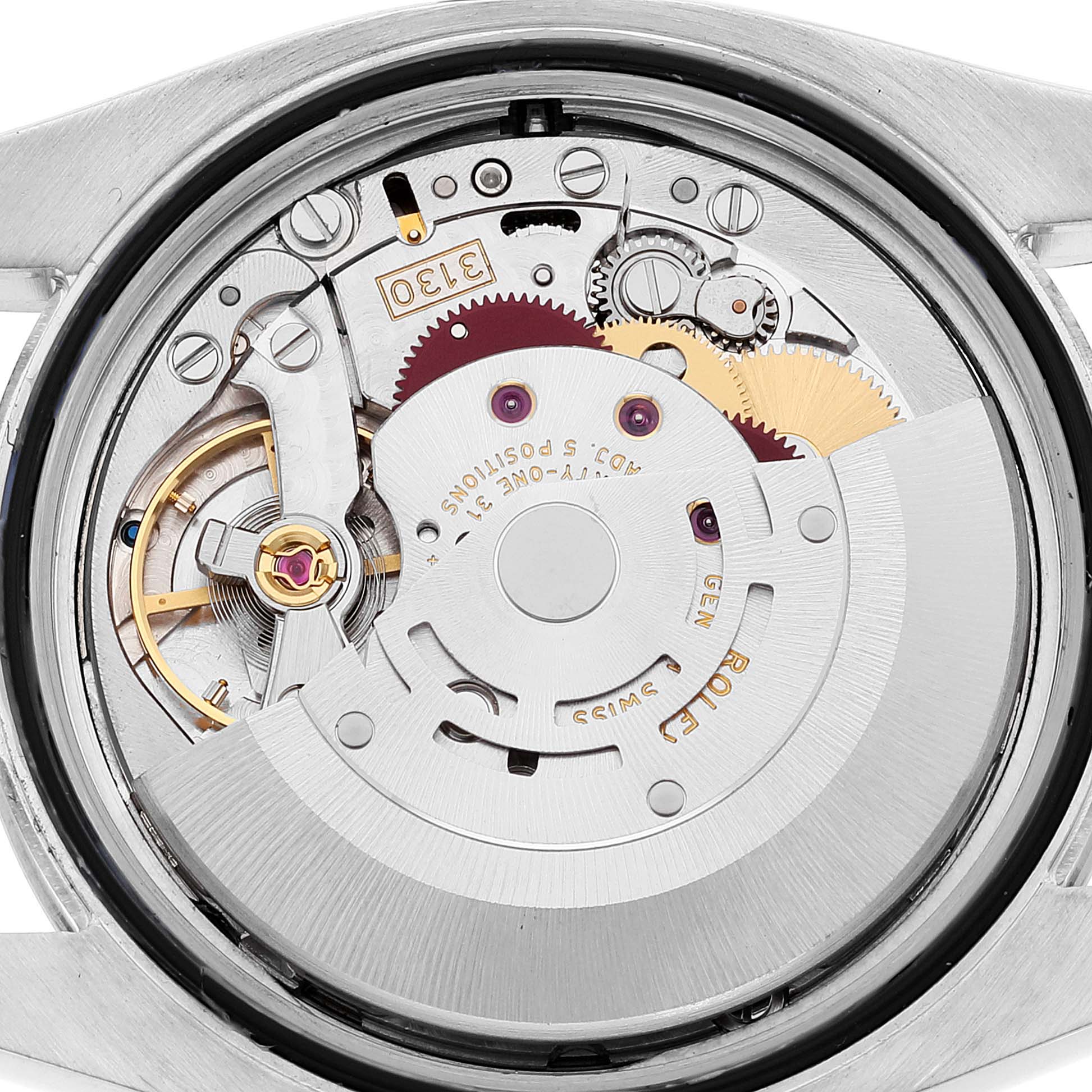 This image shows the interior mechanical movement of a Rolex Oyster Perpetual 116000 Men's Stainless Steel Black Dial 116000 Men's Stainless Steel Black Dial watch from a back view angle.