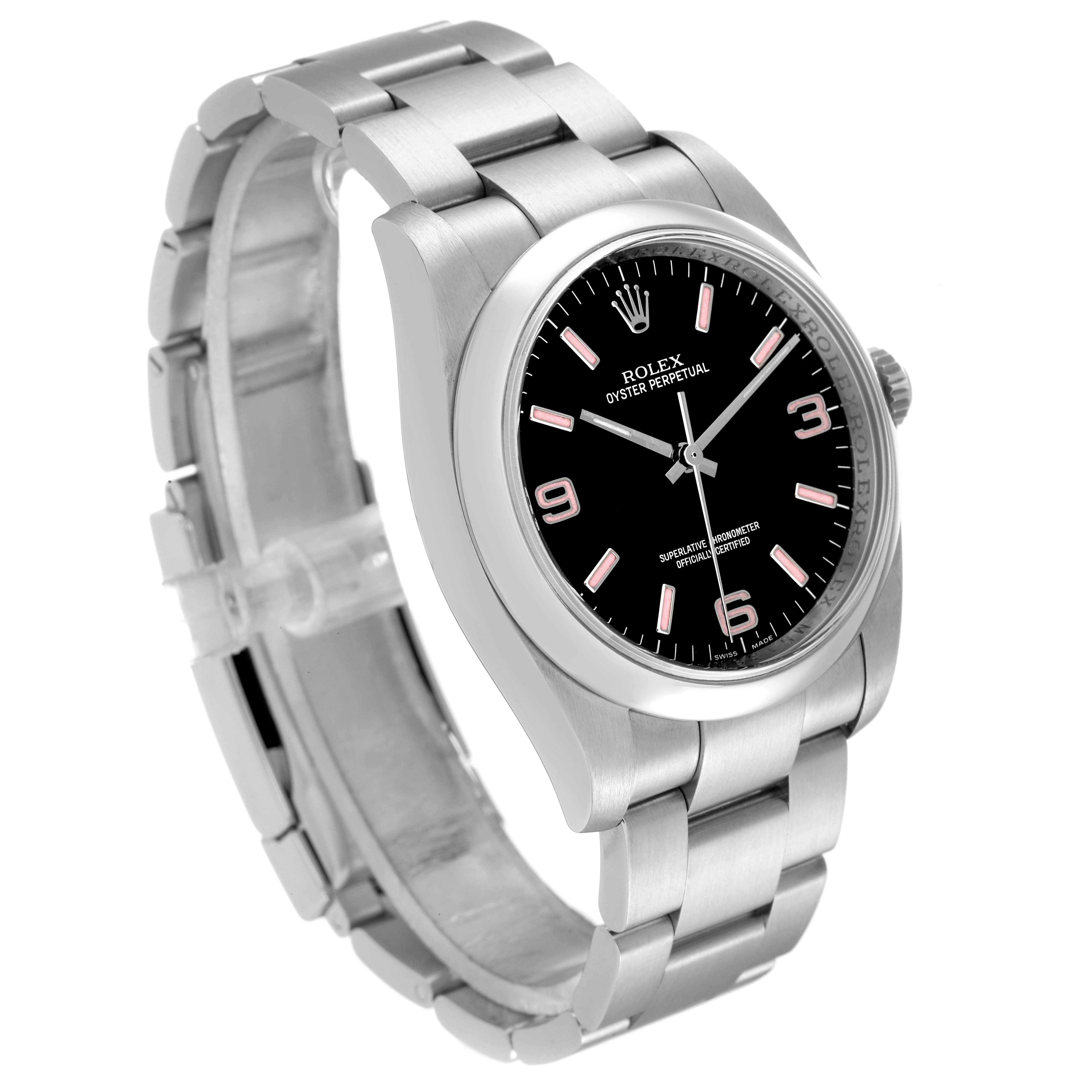 This image shows a Rolex Oyster Perpetual 116000 Men's Stainless Steel Black Dial 116000 Men's Stainless Steel Black Dial watch from a three-quarter angle, highlighting its black dial, bracelet, and case.