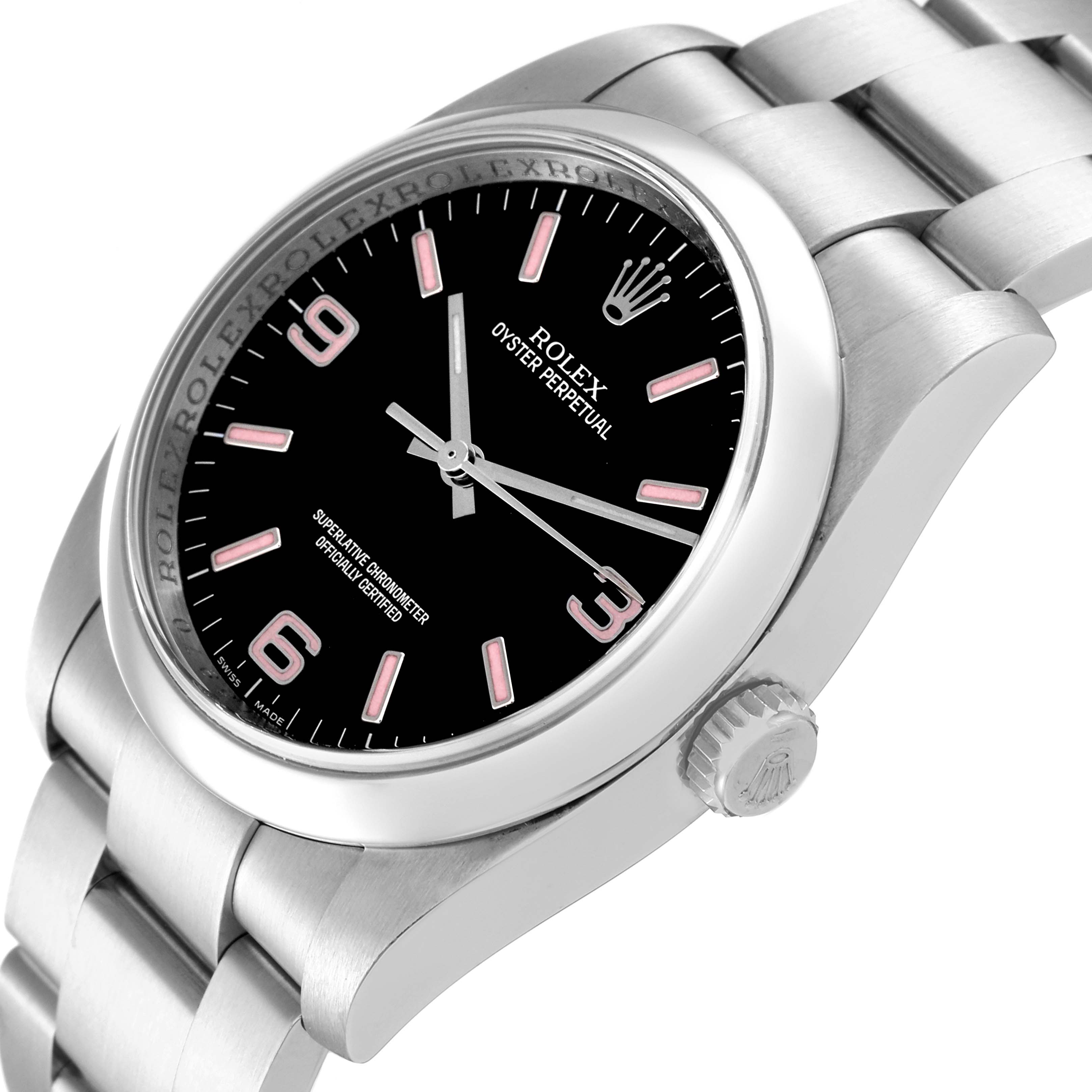 This image shows a close-up of the Rolex Oyster Perpetual 116000 Men's Stainless Steel Black Dial 116000 Men's Stainless Steel Black Dial watch from a side angle, highlighting the dial, crown, and bracelet.