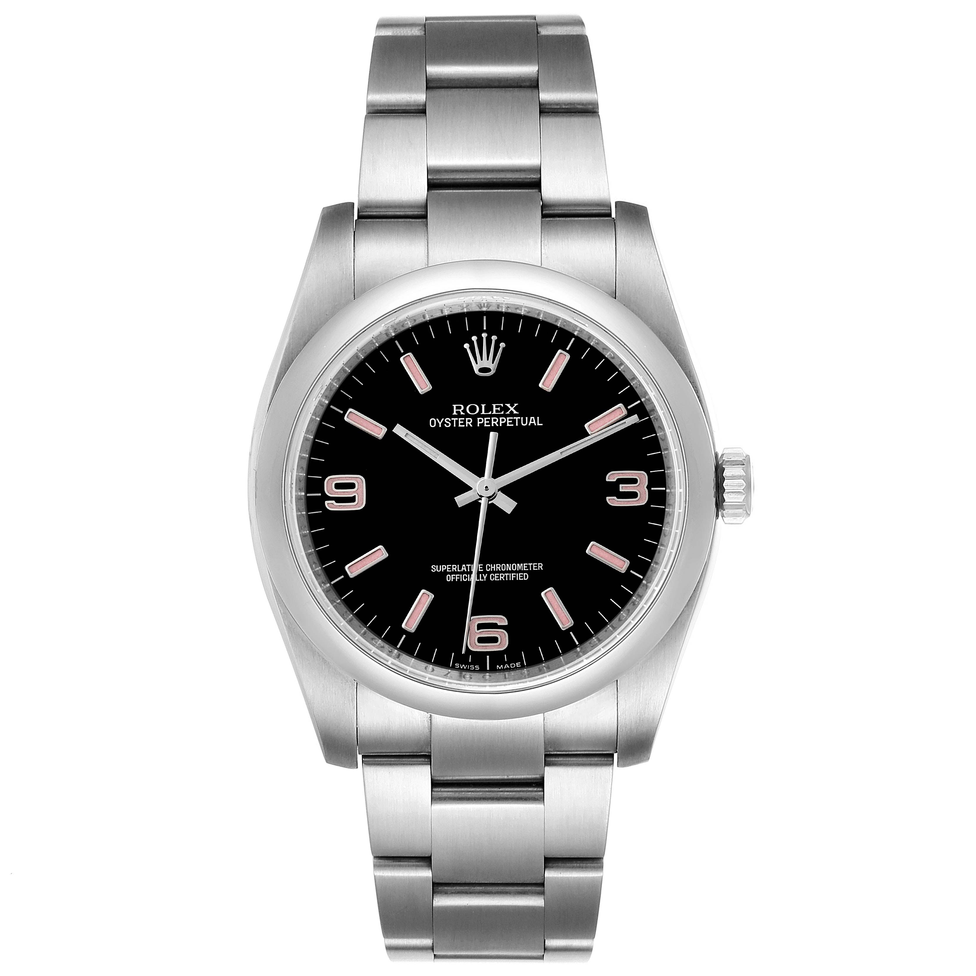 The image shows a front view of the Rolex Oyster Perpetual 116000 Men's Stainless Steel Black Dial 116000 Men's Stainless Steel Black Dial watch, highlighting the black dial and metal bracelet.