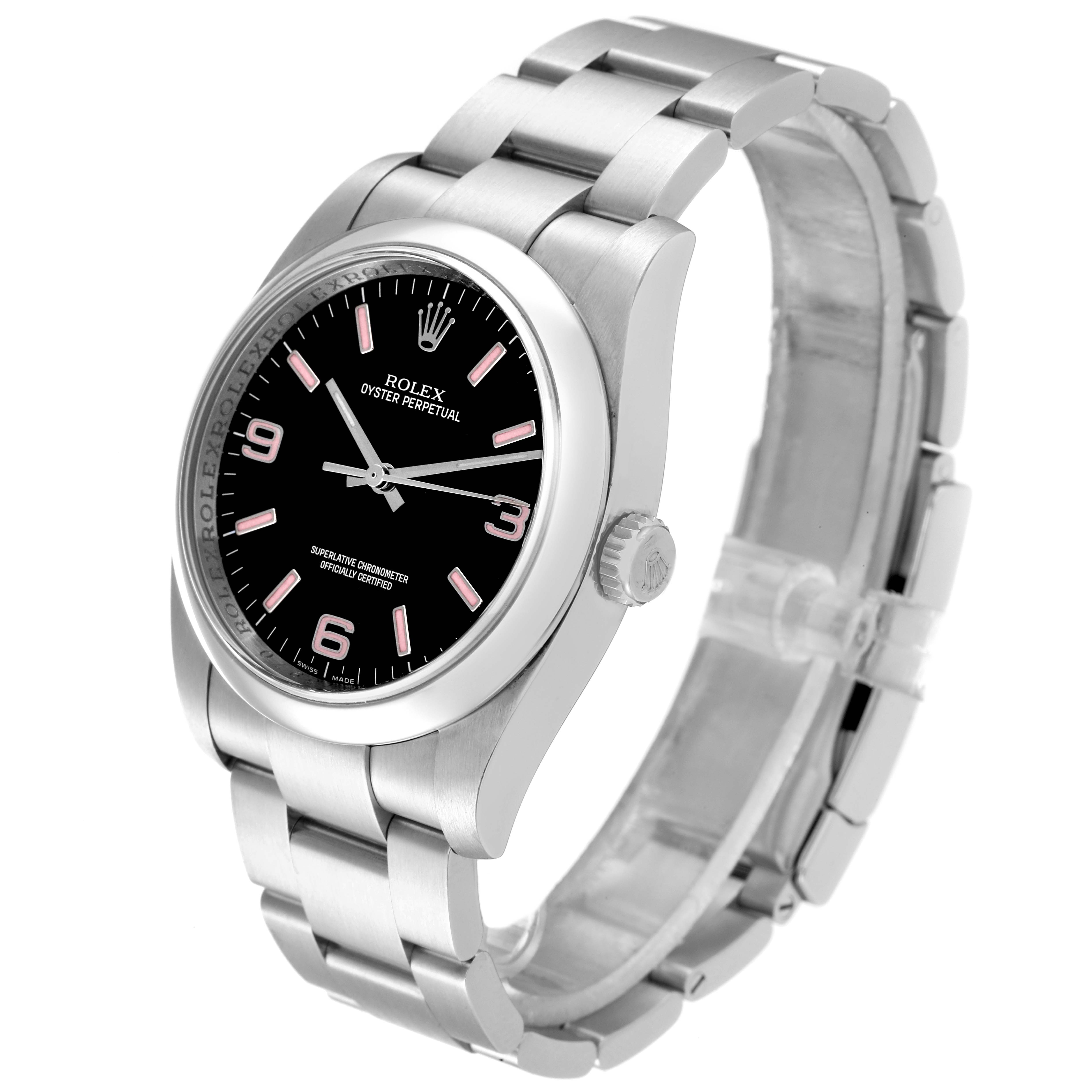 The Rolex Oyster Perpetual 116000 Men's Stainless Steel Black Dial 116000 Men's Stainless Steel Black Dial watch is shown at a three-quarter angle, highlighting the black dial, crown, and stainless steel bracelet.