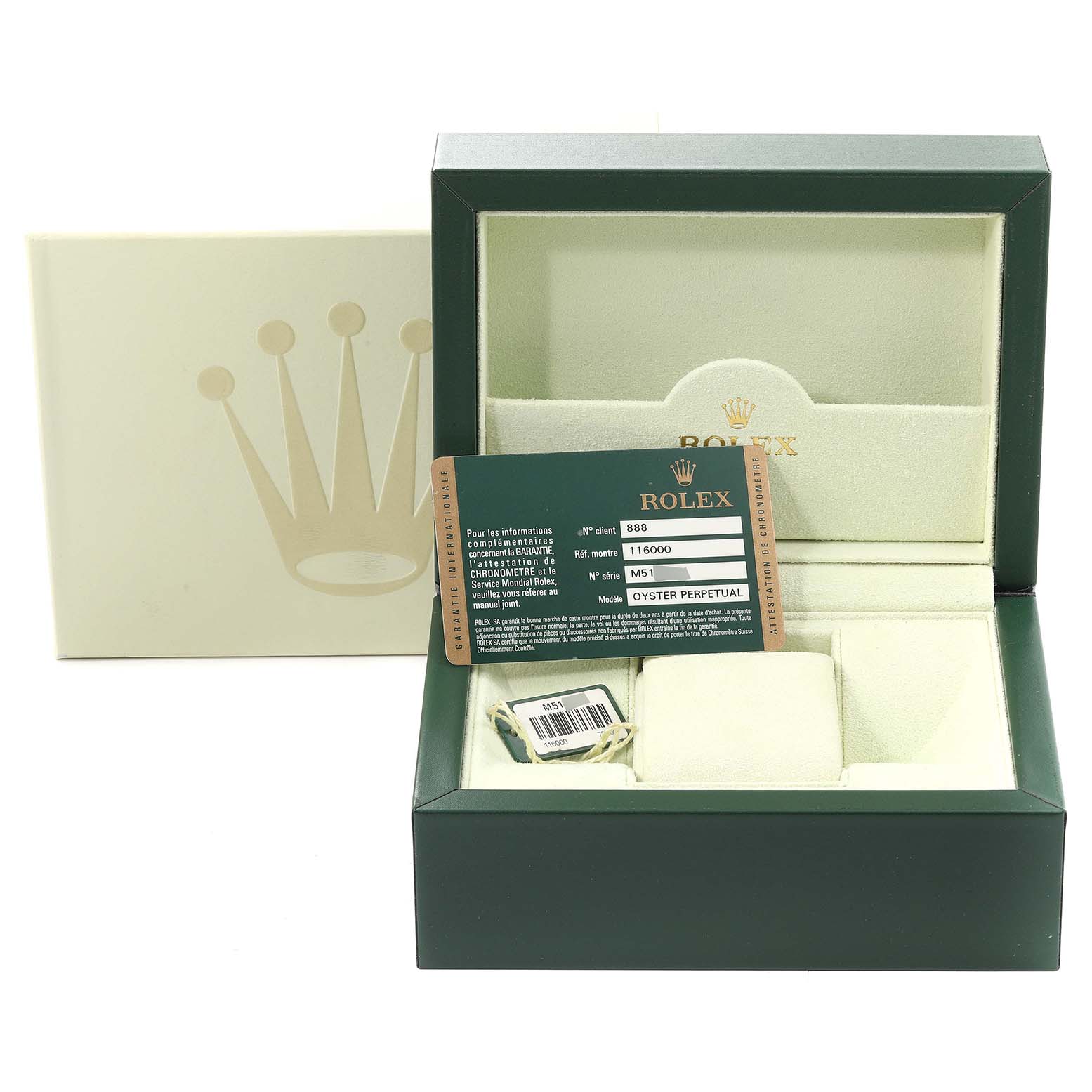 The image shows the packaging and card for a Rolex Oyster Perpetual 116000 Men's Stainless Steel Black Dial 116000 Men's Stainless Steel Black Dial watch, including the box and warranty card.