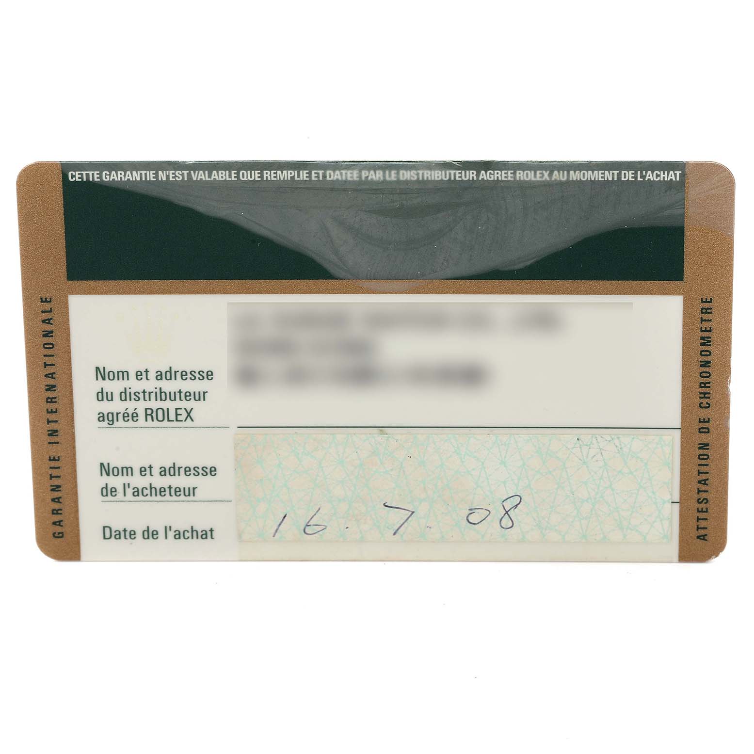 The image shows the guarantee certificate for a Rolex Oyster Perpetual 116000 Men's Stainless Steel Black Dial 116000 Men's Stainless Steel Black Dial watch.