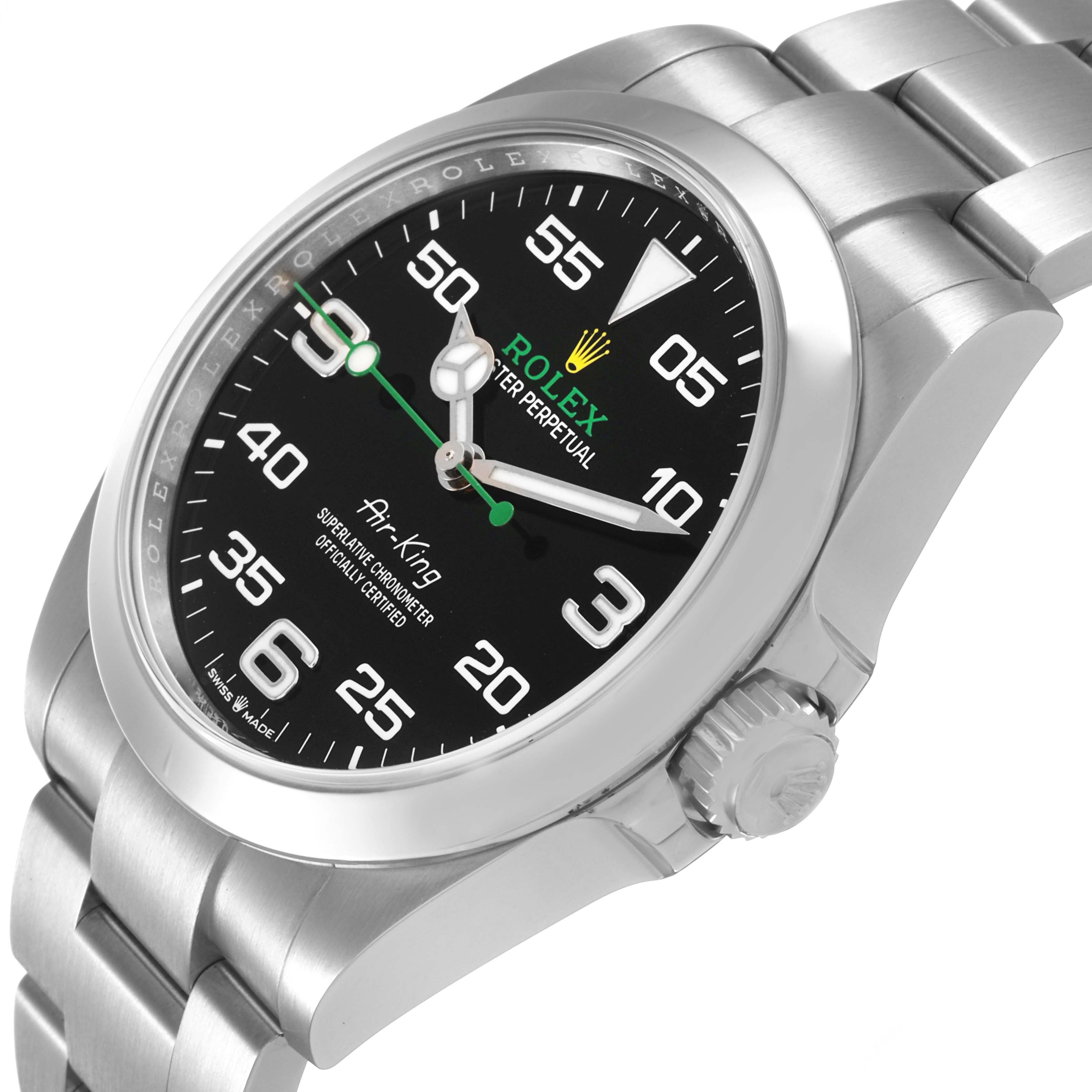 The Rolex Air-King 126900 Men's Stainless Steel Black Dial watch is shown from a side angle, highlighting the dial, bezel, crown, and bracelet.