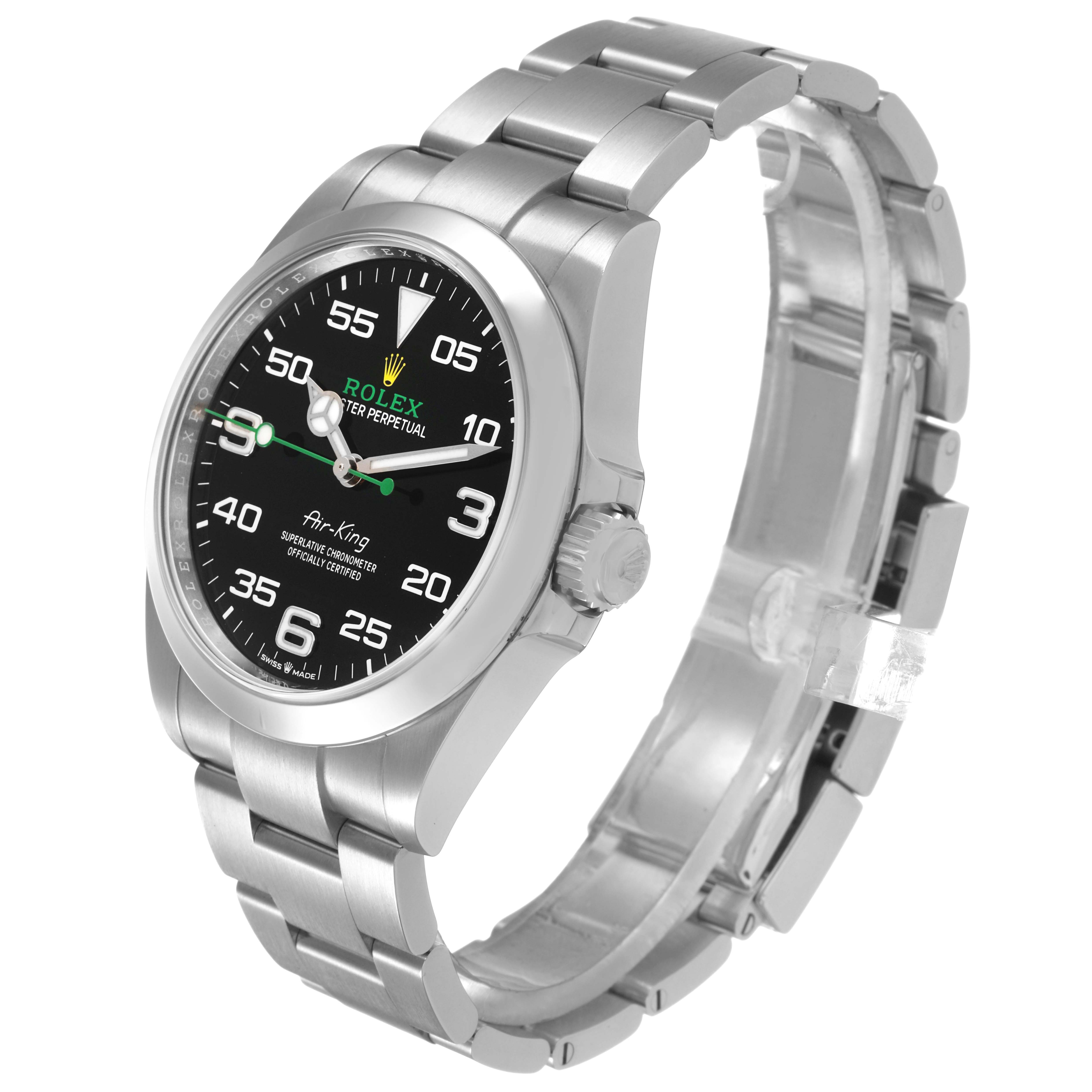 The Rolex Air-King 126900 Men's Stainless Steel Black Dial watch is shown from a three-quarter angle, displaying the face, bezel, crown, and bracelet.