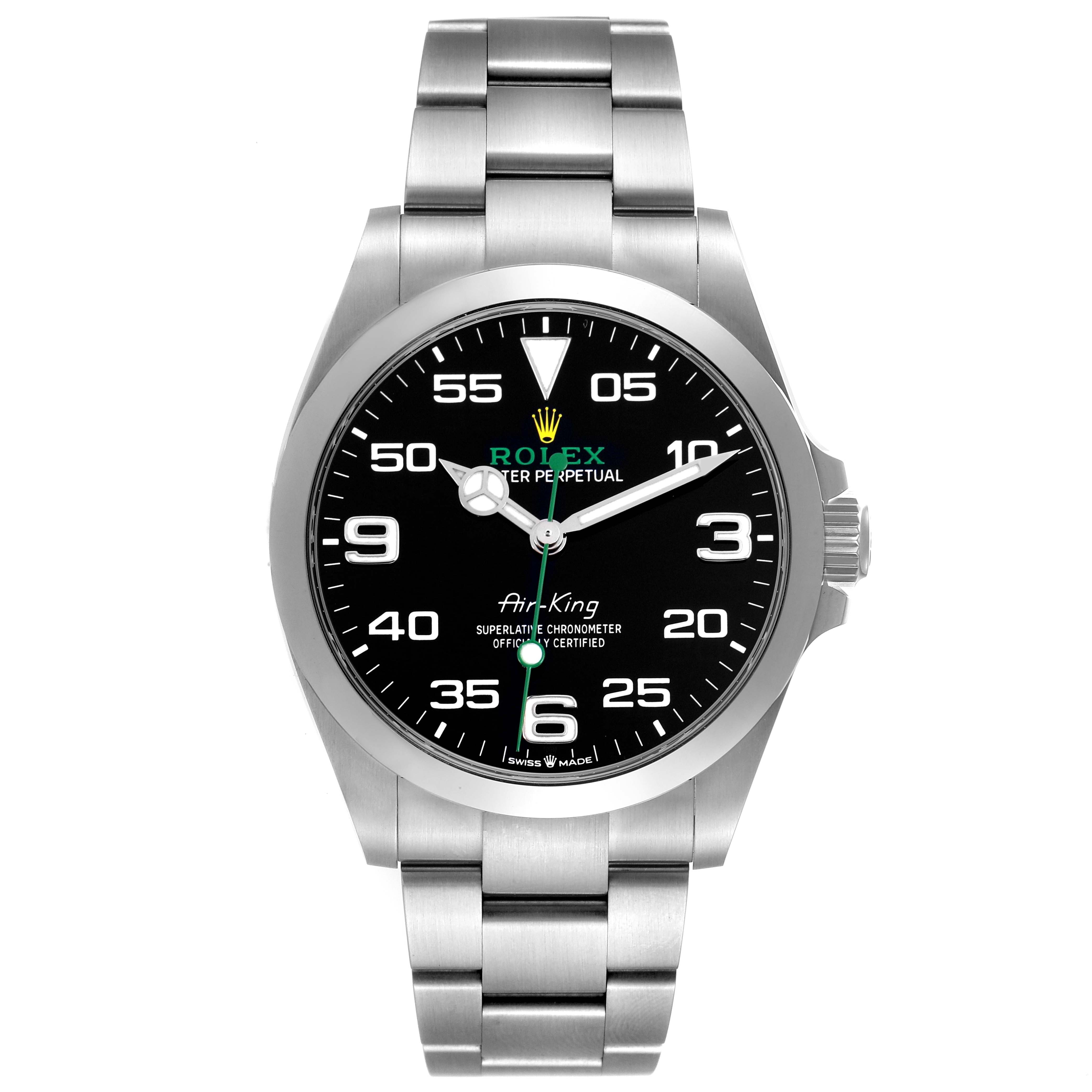 The Rolex Air-King 126900 Men's Stainless Steel Black Dial watch is shown from a top-down angle, featuring the dial, bezel, crown, and bracelet.