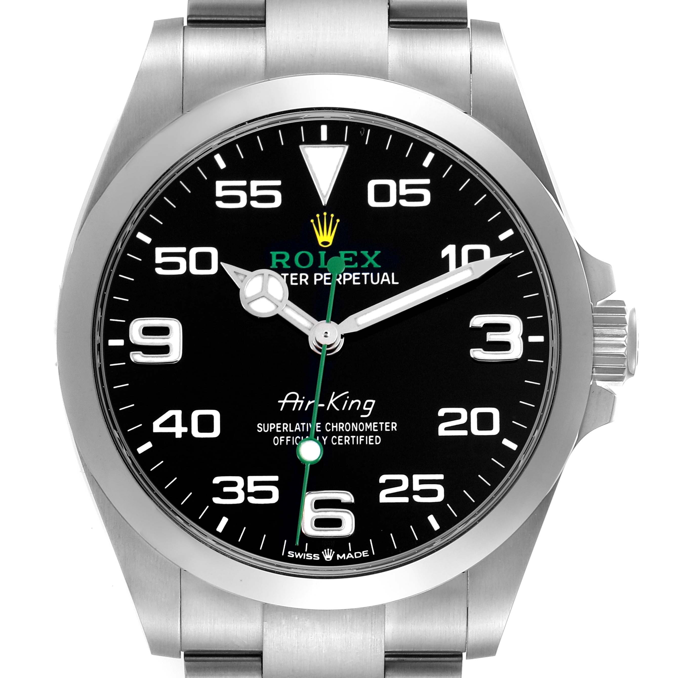 The image shows a front view of the Rolex Air-King 126900 Men's Stainless Steel Black Dial watch, highlighting the dial, hands, and part of the bracelet.